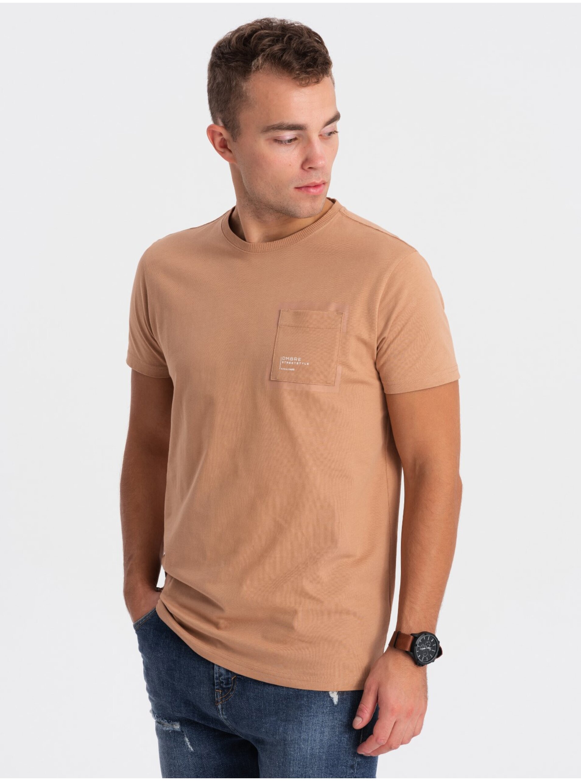 Levně Světle hnědé pánské tričko Ombre Clothing