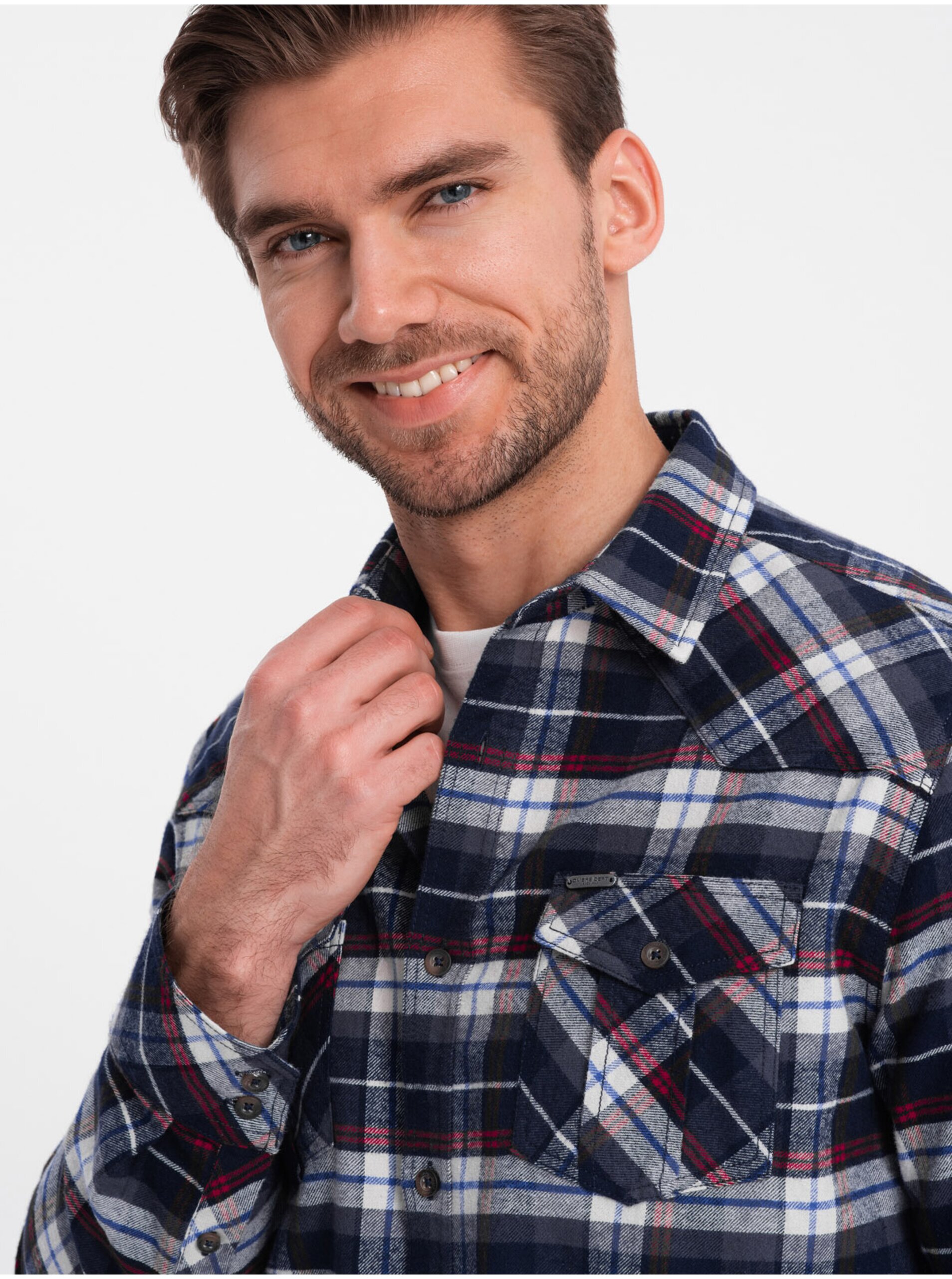 Tmavě modrá pánská svrchní flanelová košile Ombre Clothing