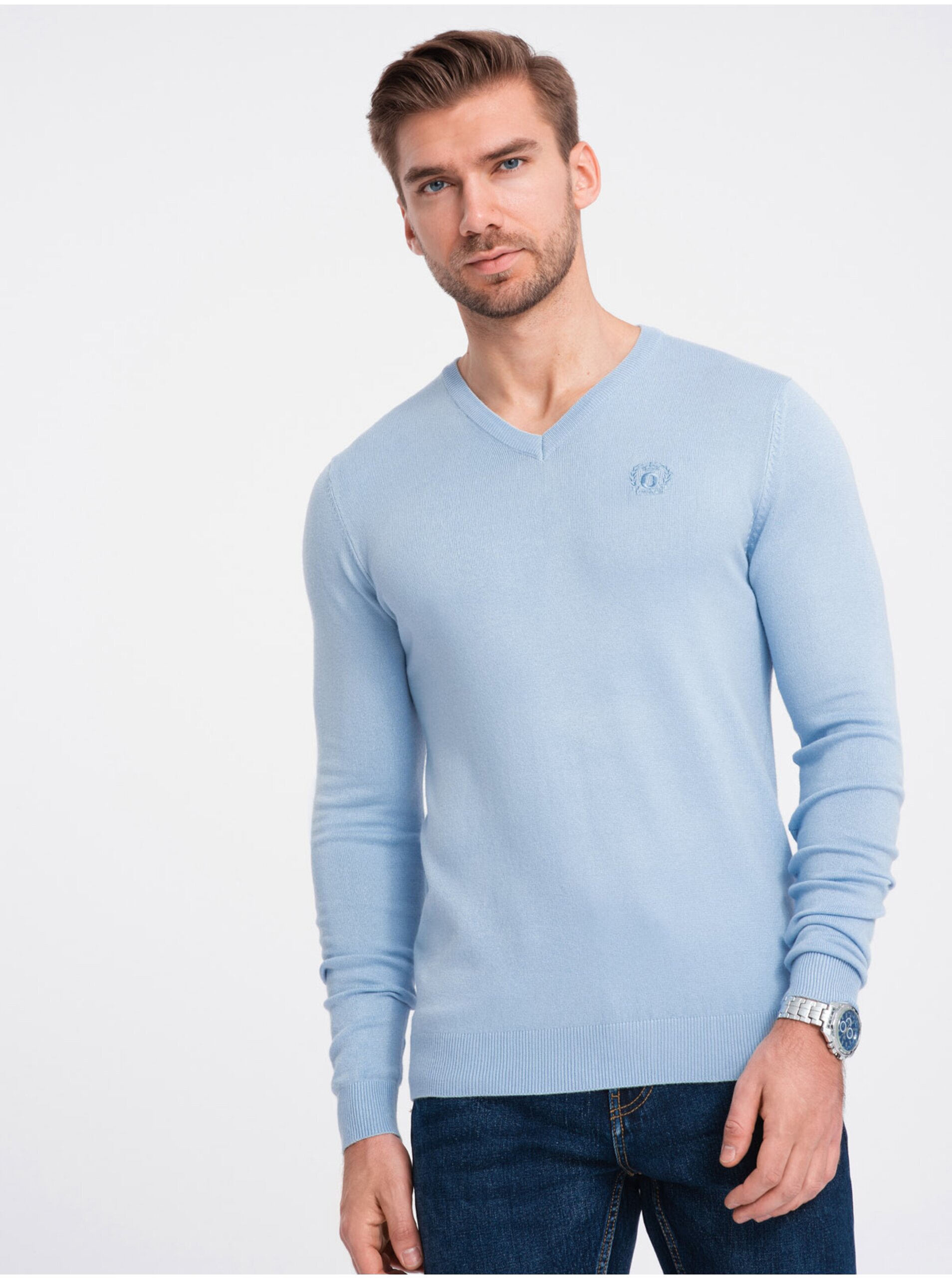 Lacno Svetlo modrý pánsky sveter Ombre Clothing