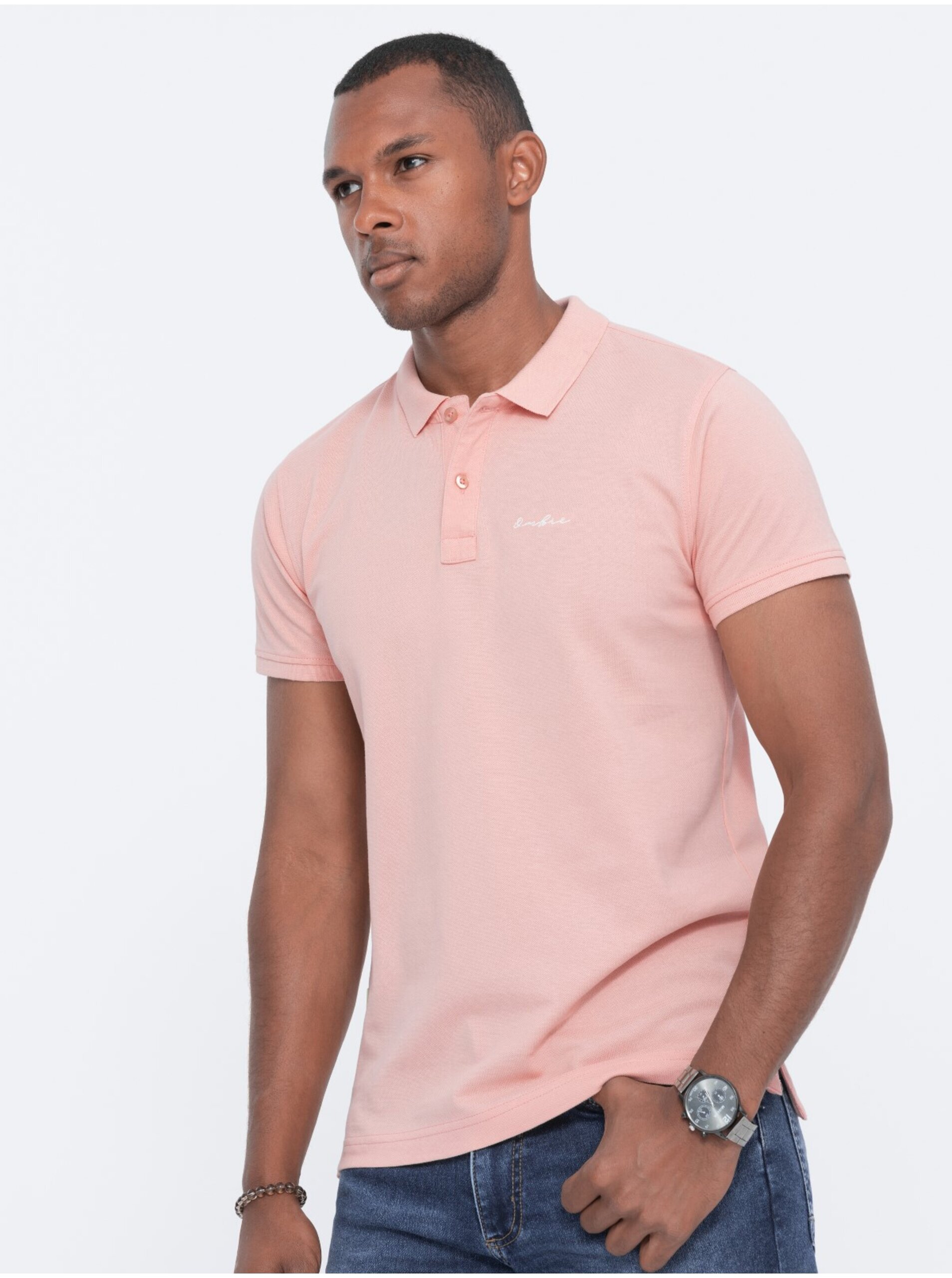 Levně Růžové pánské polo tričko Ombre Clothing