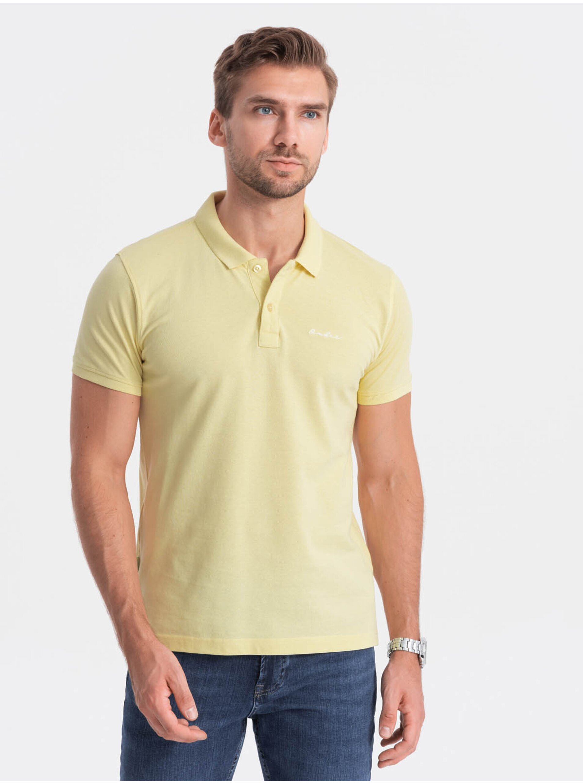 Levně Světle žluté pánské polo tričko Ombre Clothing
