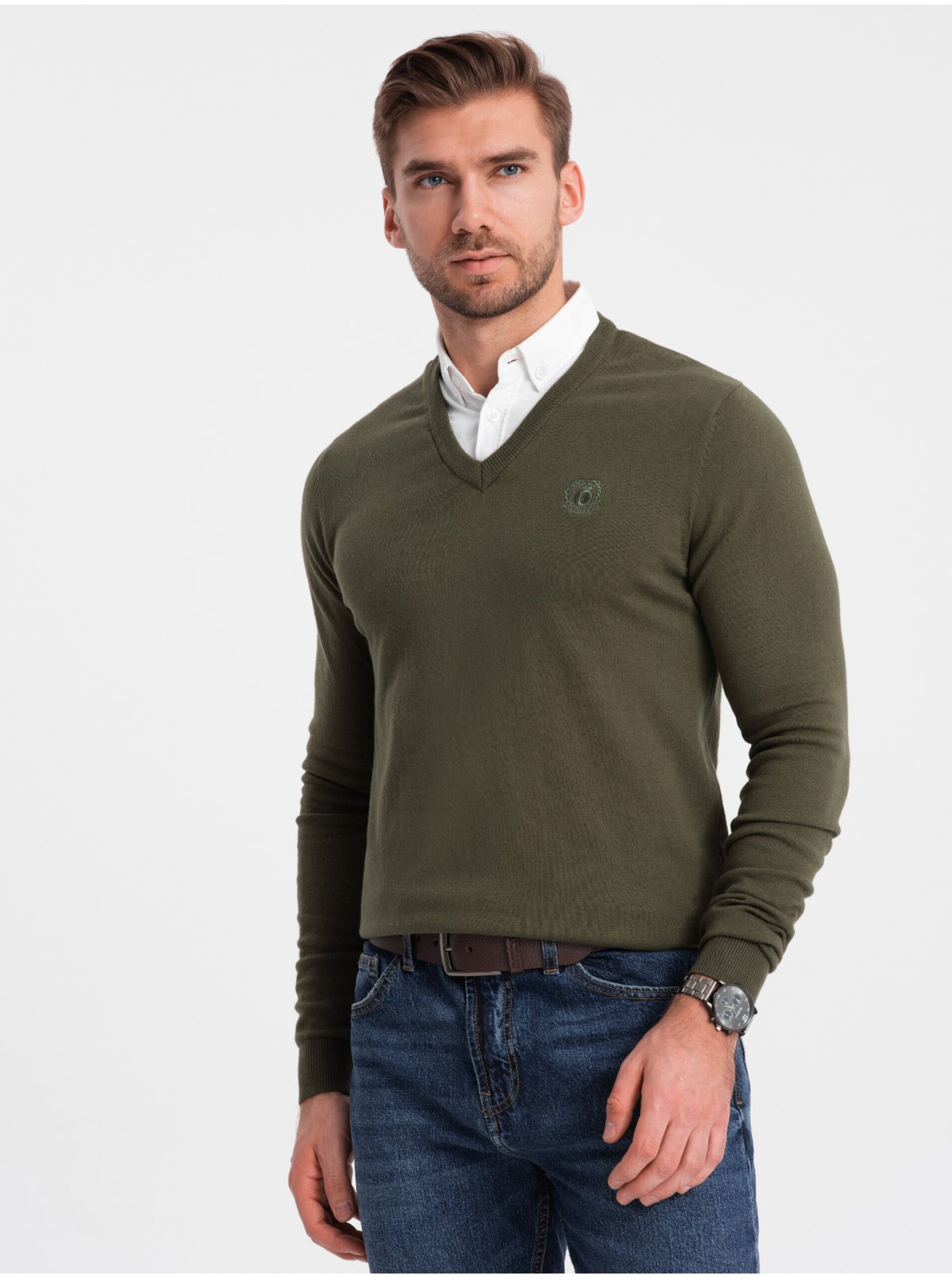 Levně Zelený pánský svetr s košilovým límcem Ombre Clothing