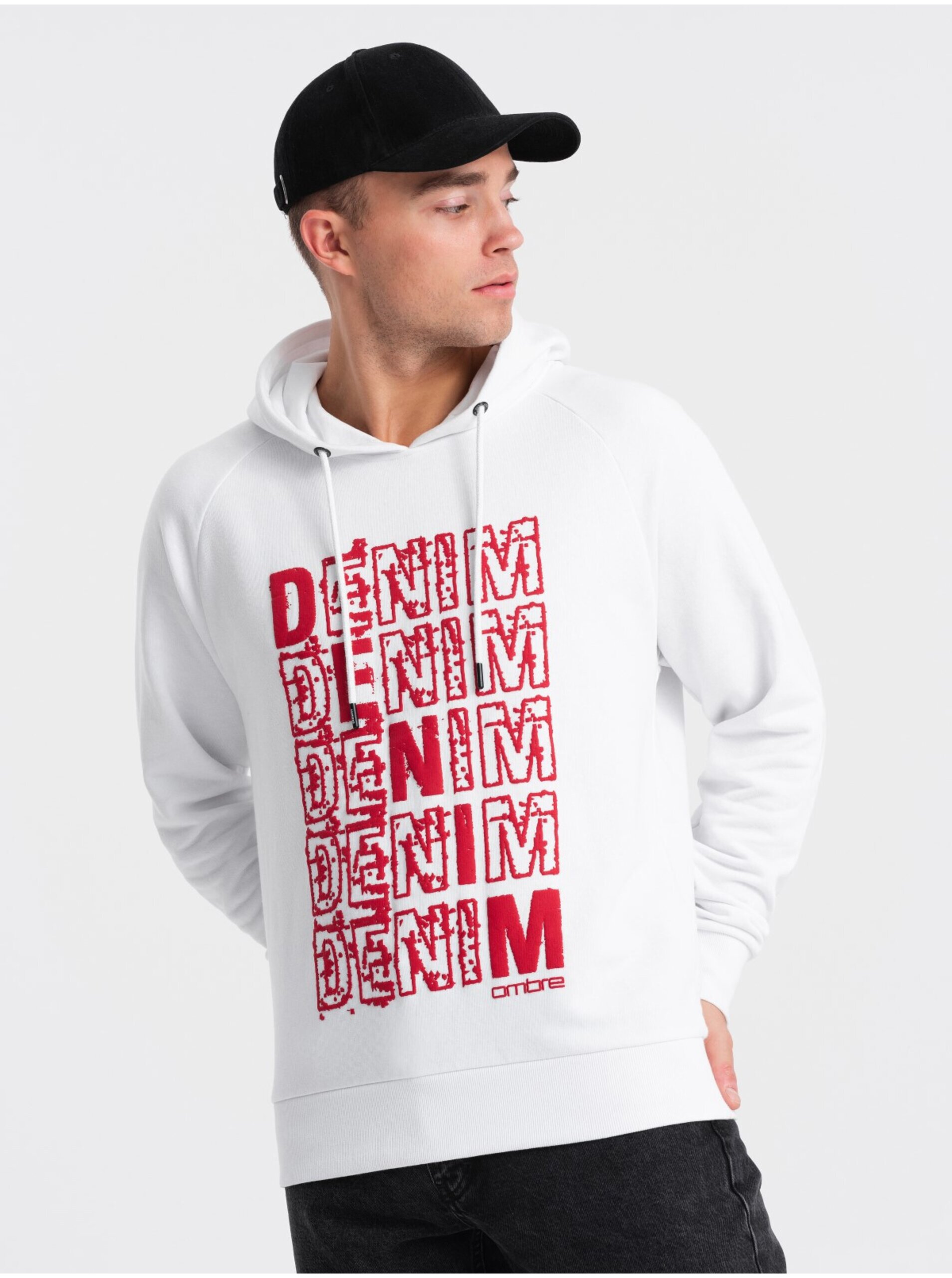 E-shop Červeno-biela pánska mikina s kapucňou a potlačou Ombre Clothing