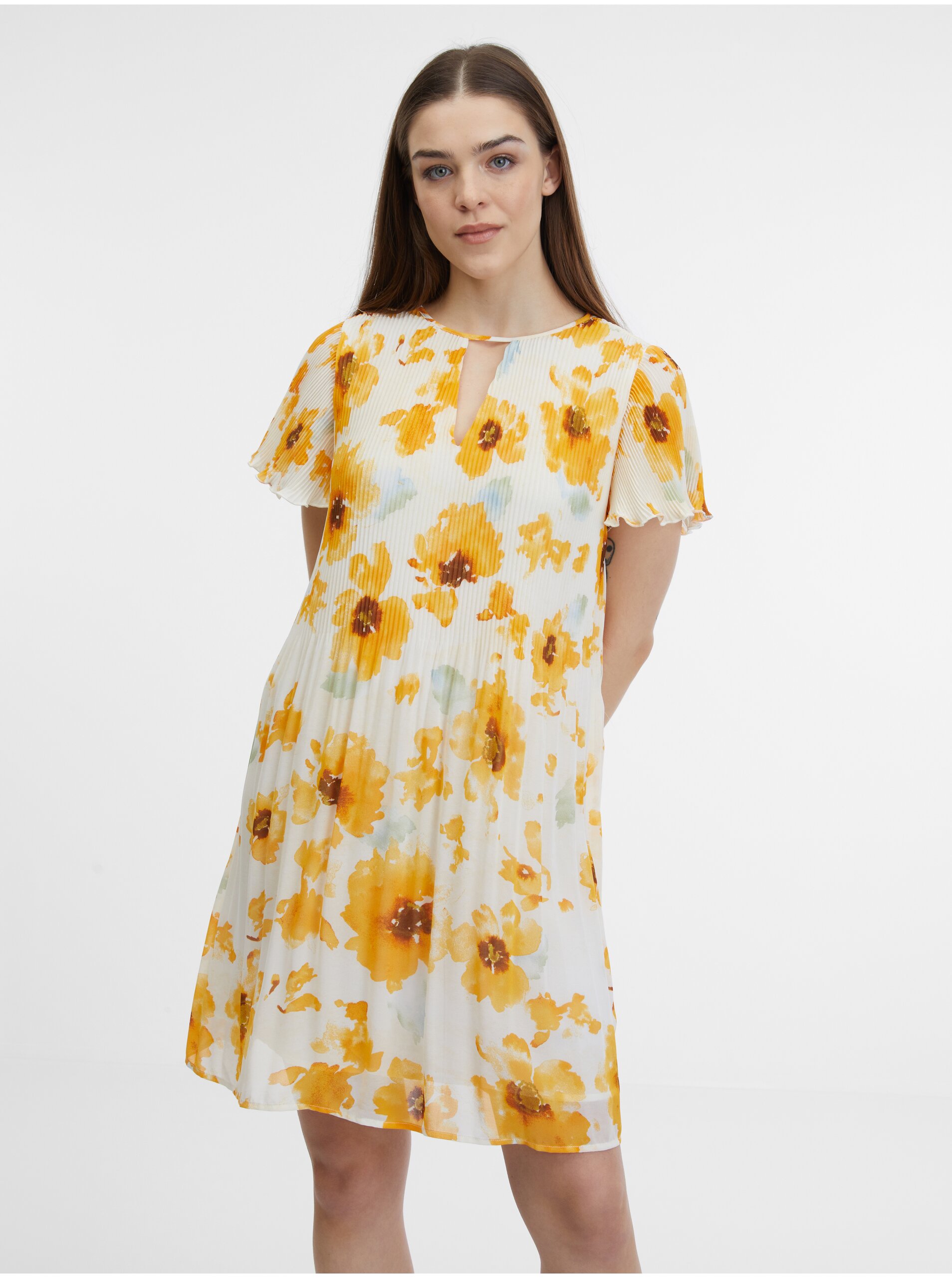 Levně Béžovo-žluté dámské květované šaty ORSAY