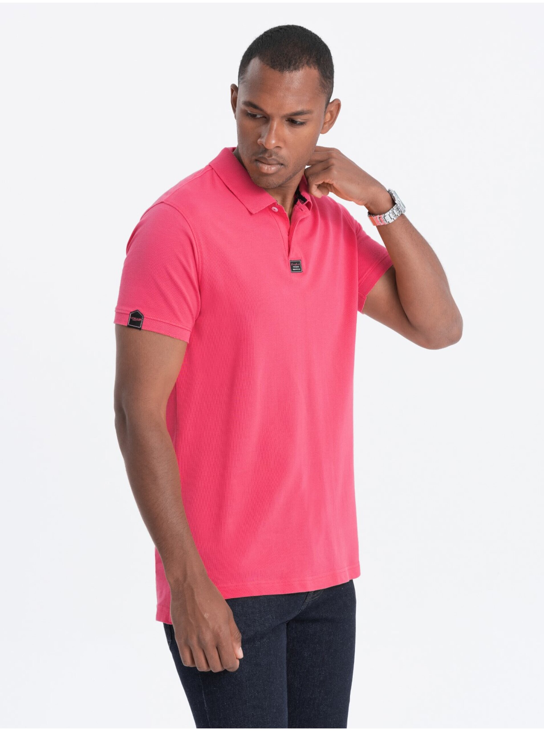Levně Tmavě růžové pánské polo tričko Ombre Clothing
