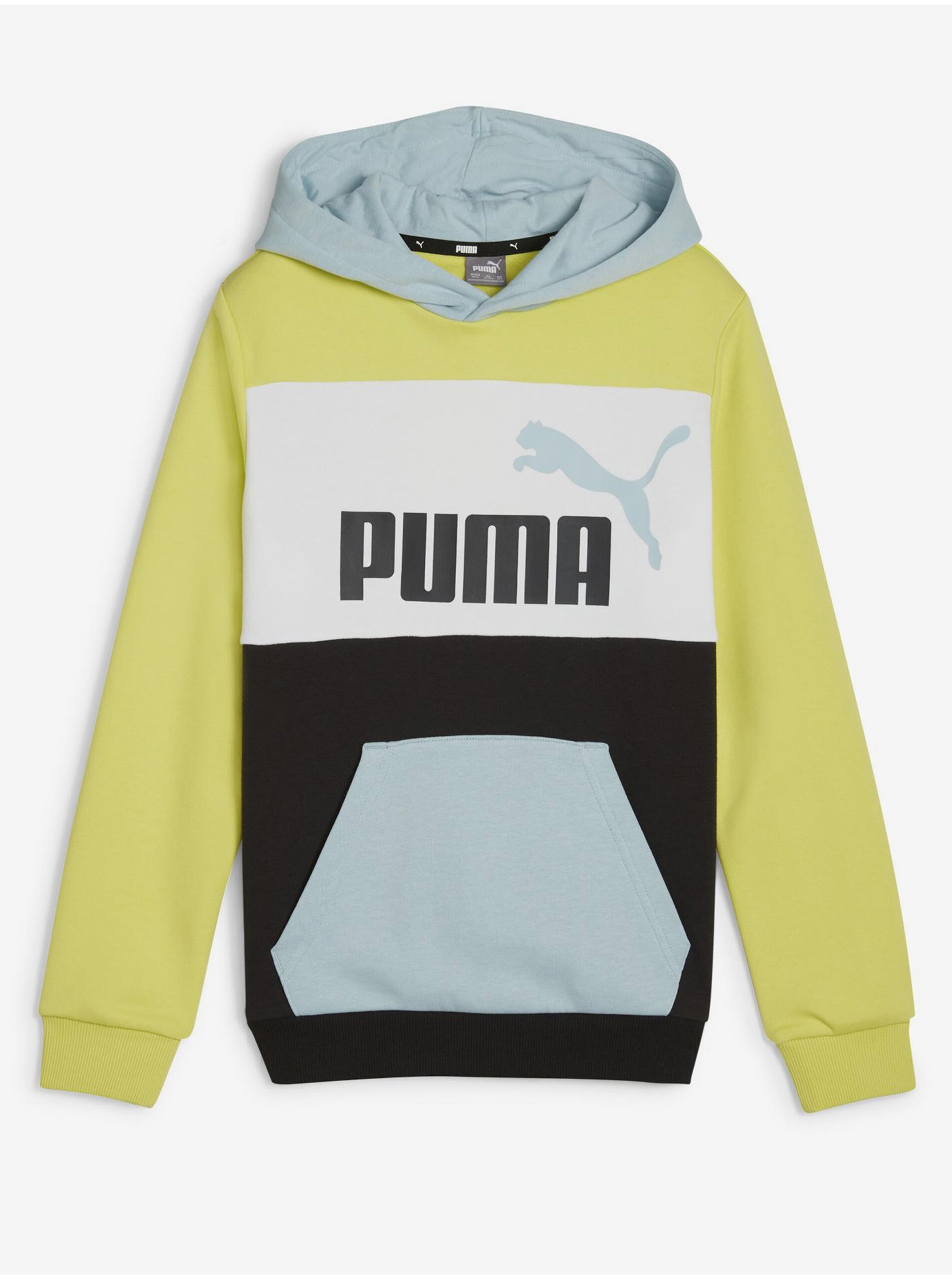 Levně Černo-zelená klučičí mikina s kapucí Puma ESS Block Hoodie TR