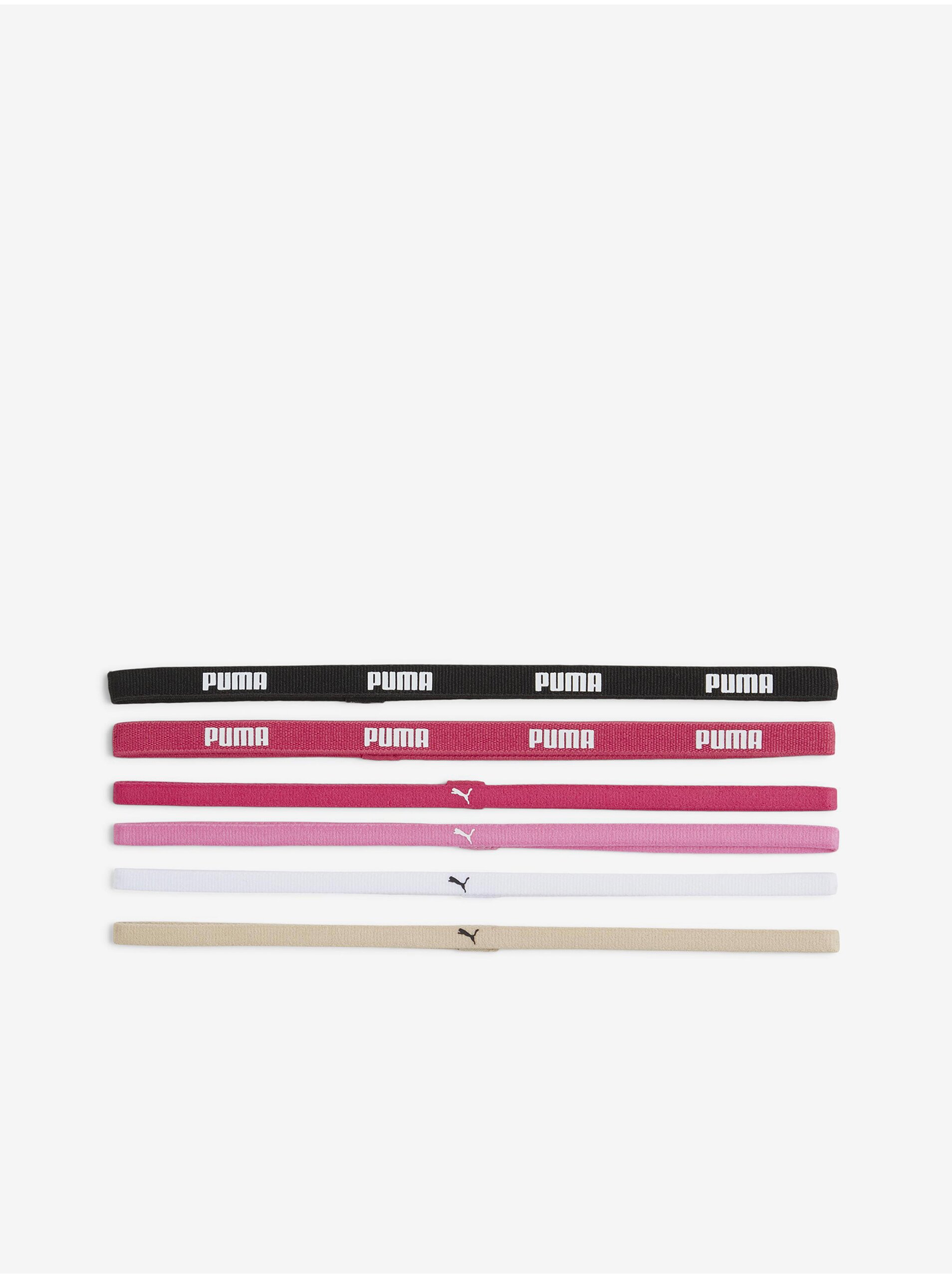 Levně Sada šesti dámských sportovních čelenek v černé, růžové a bílé barvě Puma AT Sportbands