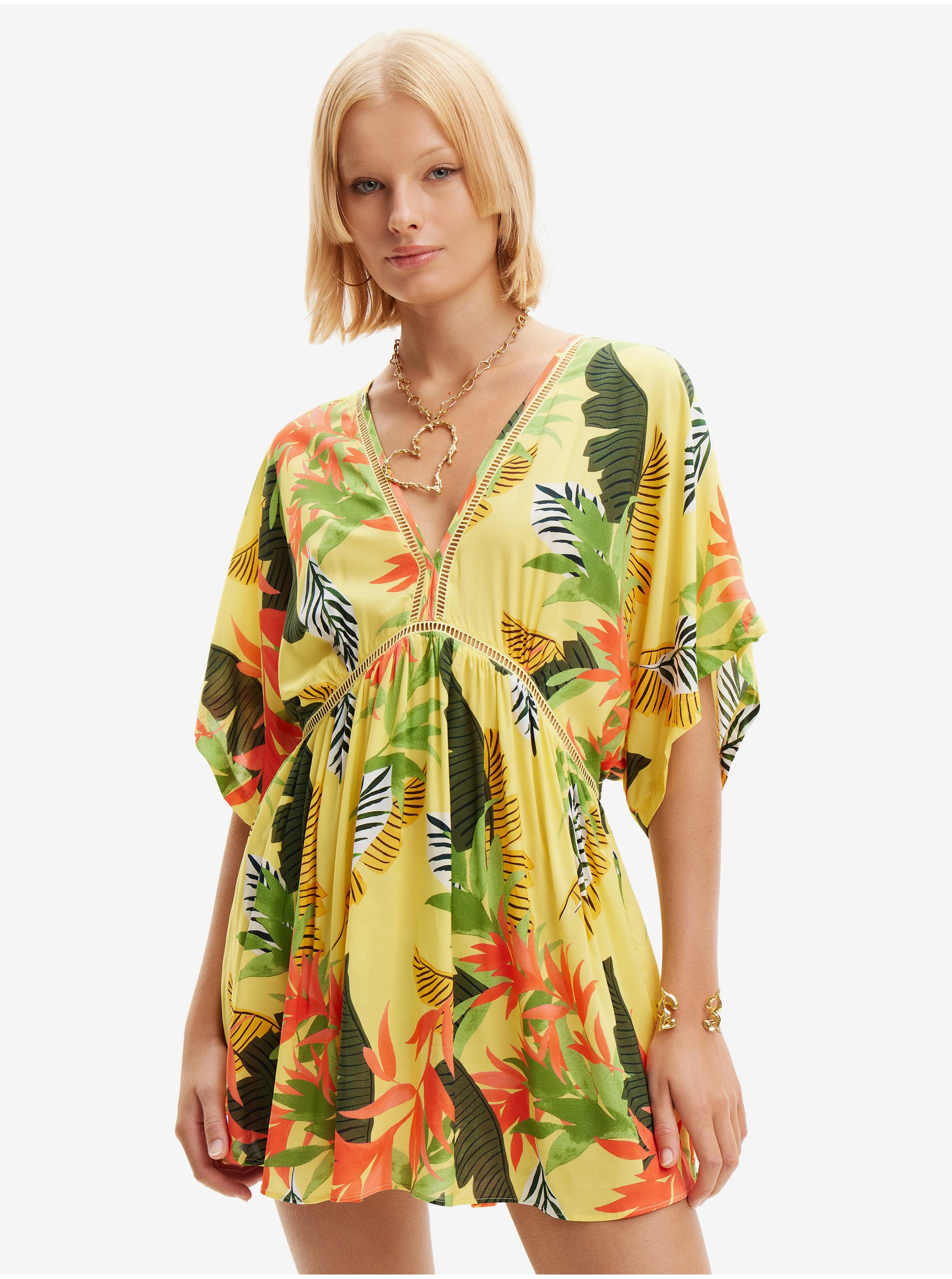 Levně Žluté dámské květované plážové šaty Desigual Top Tropical Party