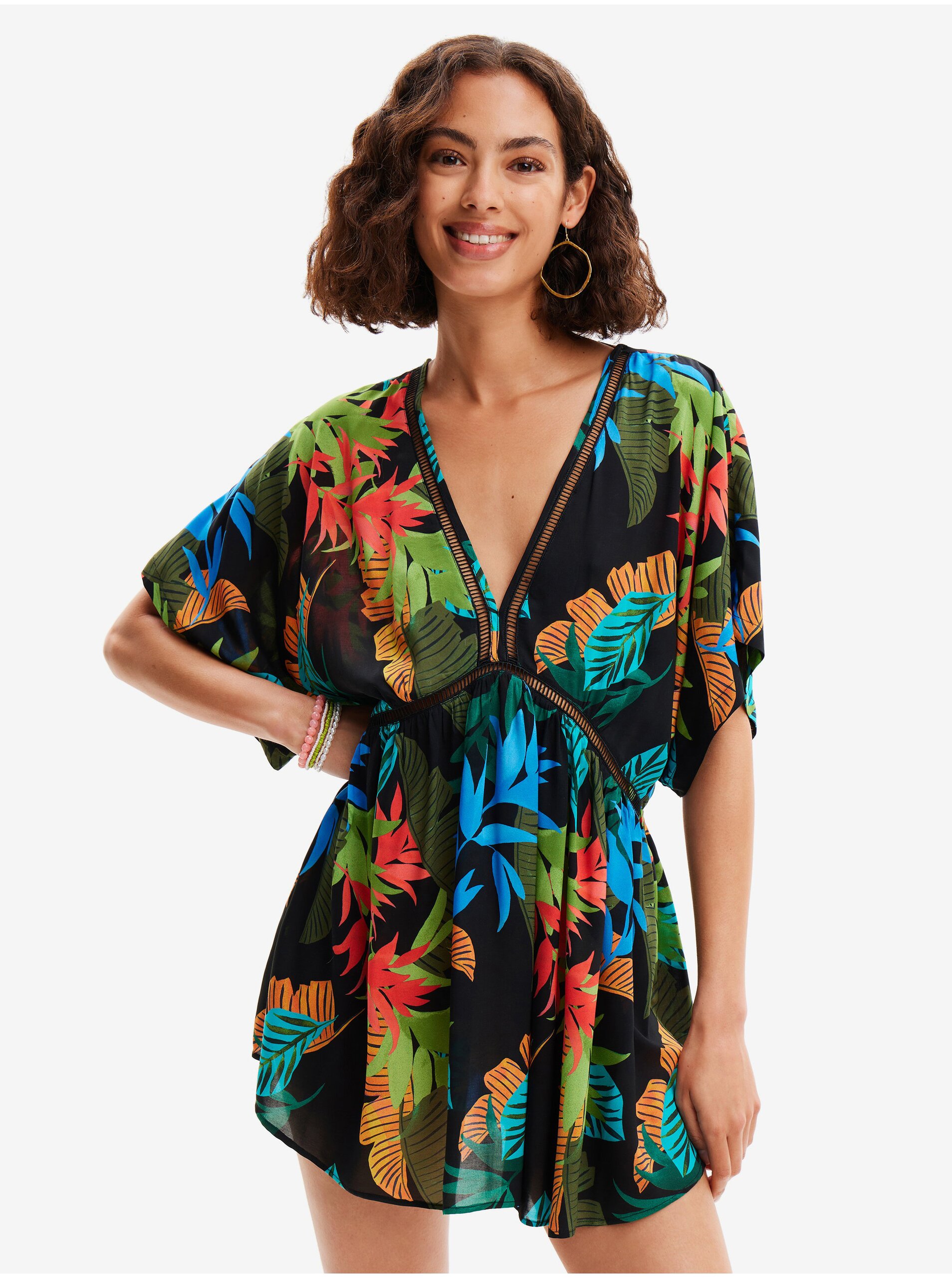 Levně Černé dámské květované plážové šaty Desigual Top Tropical Party