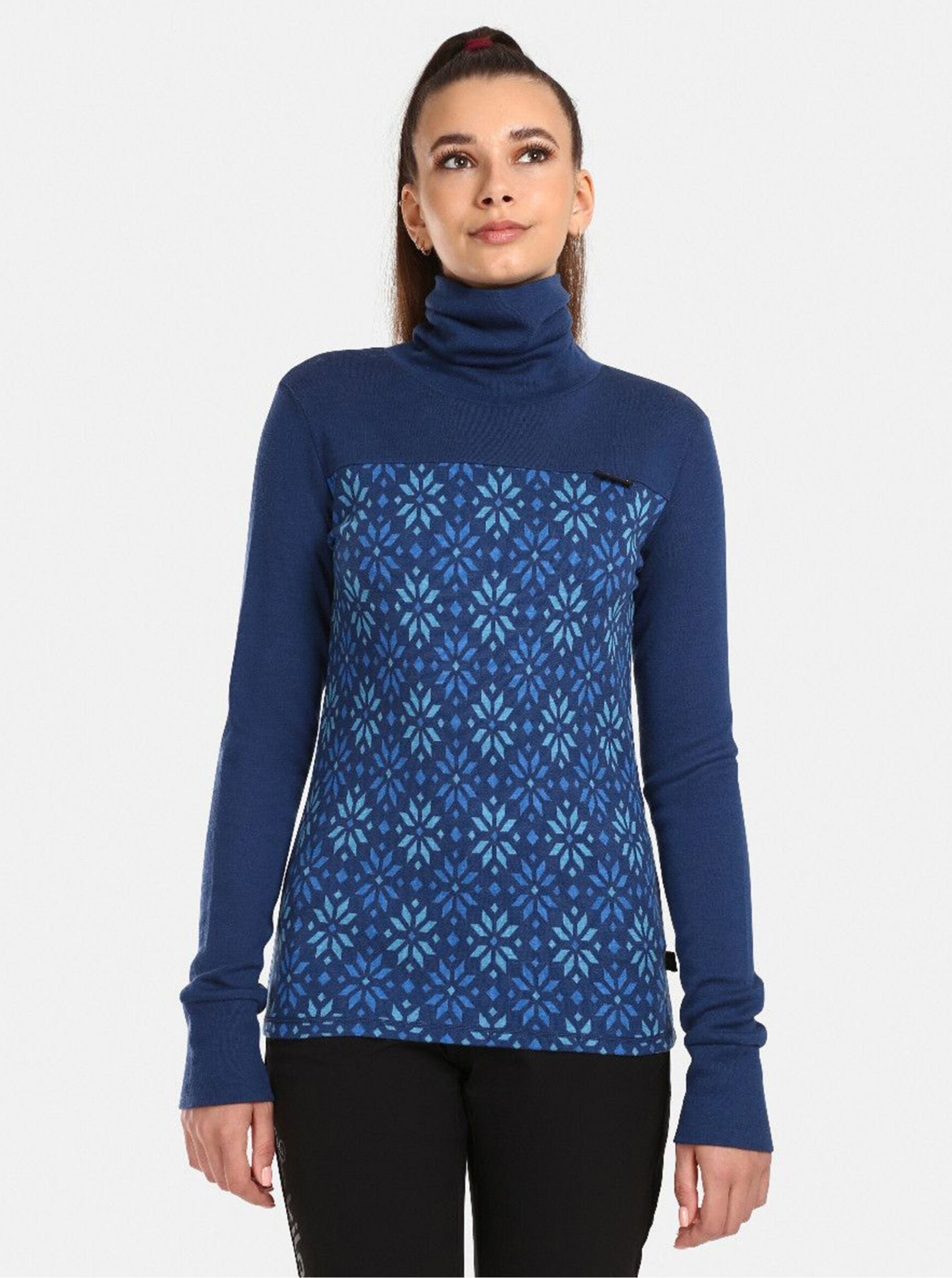 E-shop Tmavě modré dámské vzorované tričko s rolákem z merino vlny Kilpi JANNU