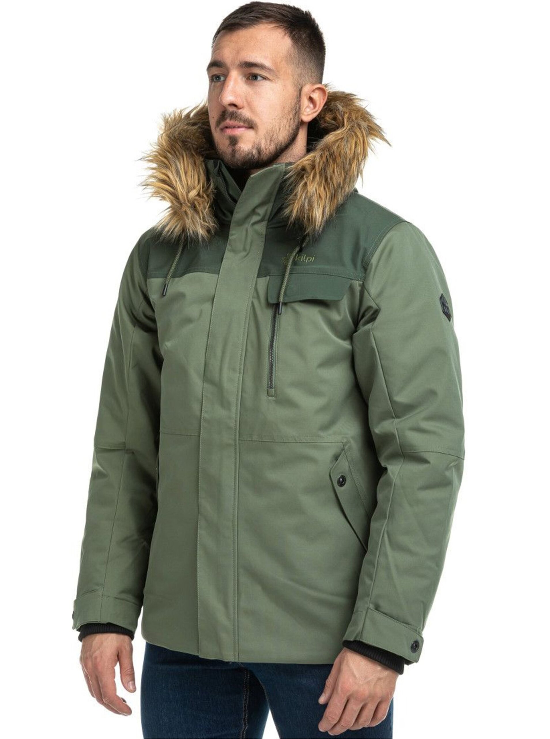 E-shop Zelená pánská zimní bunda s umělým kožíškem Kilpi ALPHA