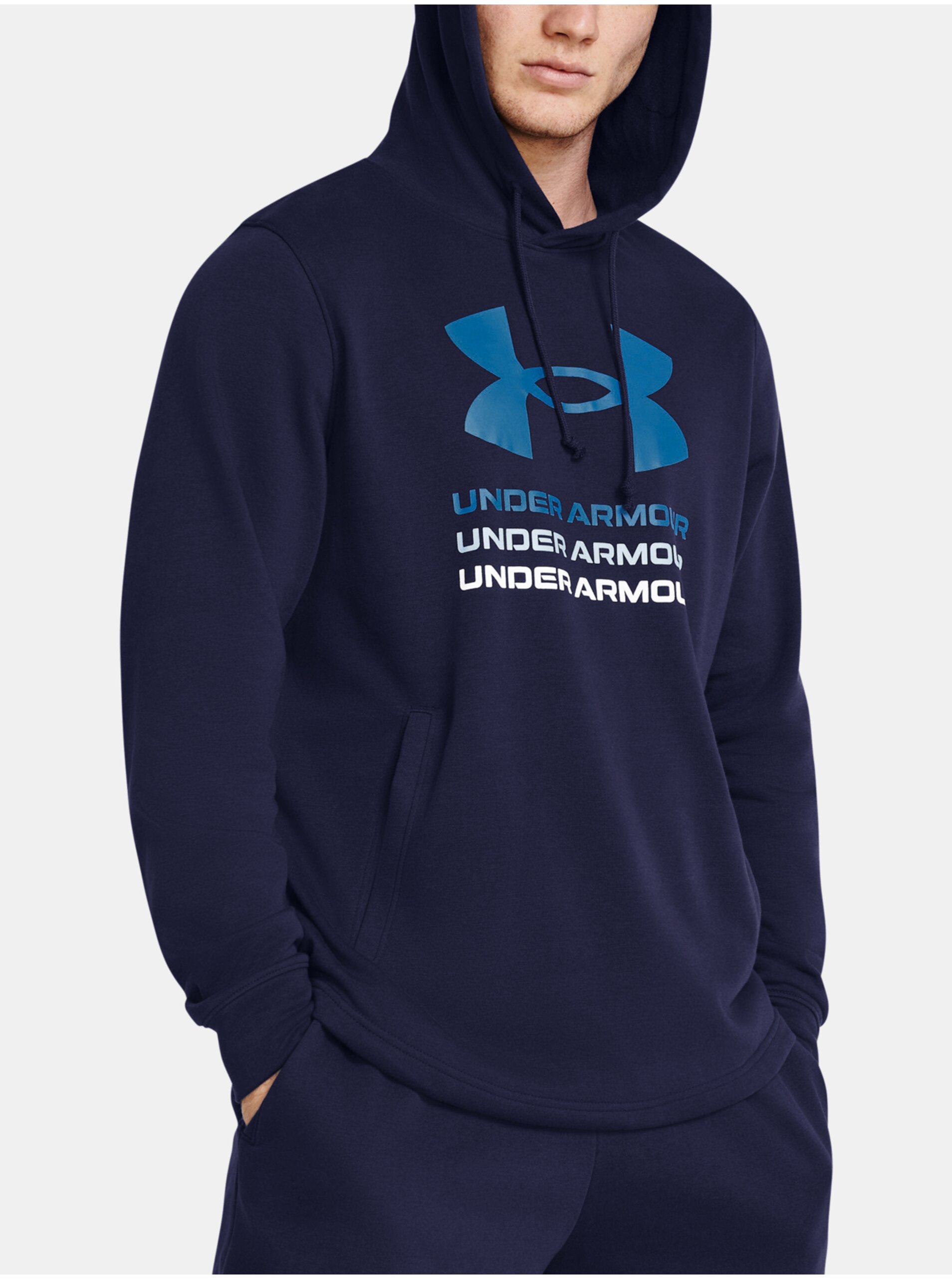 Levně Tmavě modrá sportovní mikina Under Armour UA Rival Terry Graphic Hood