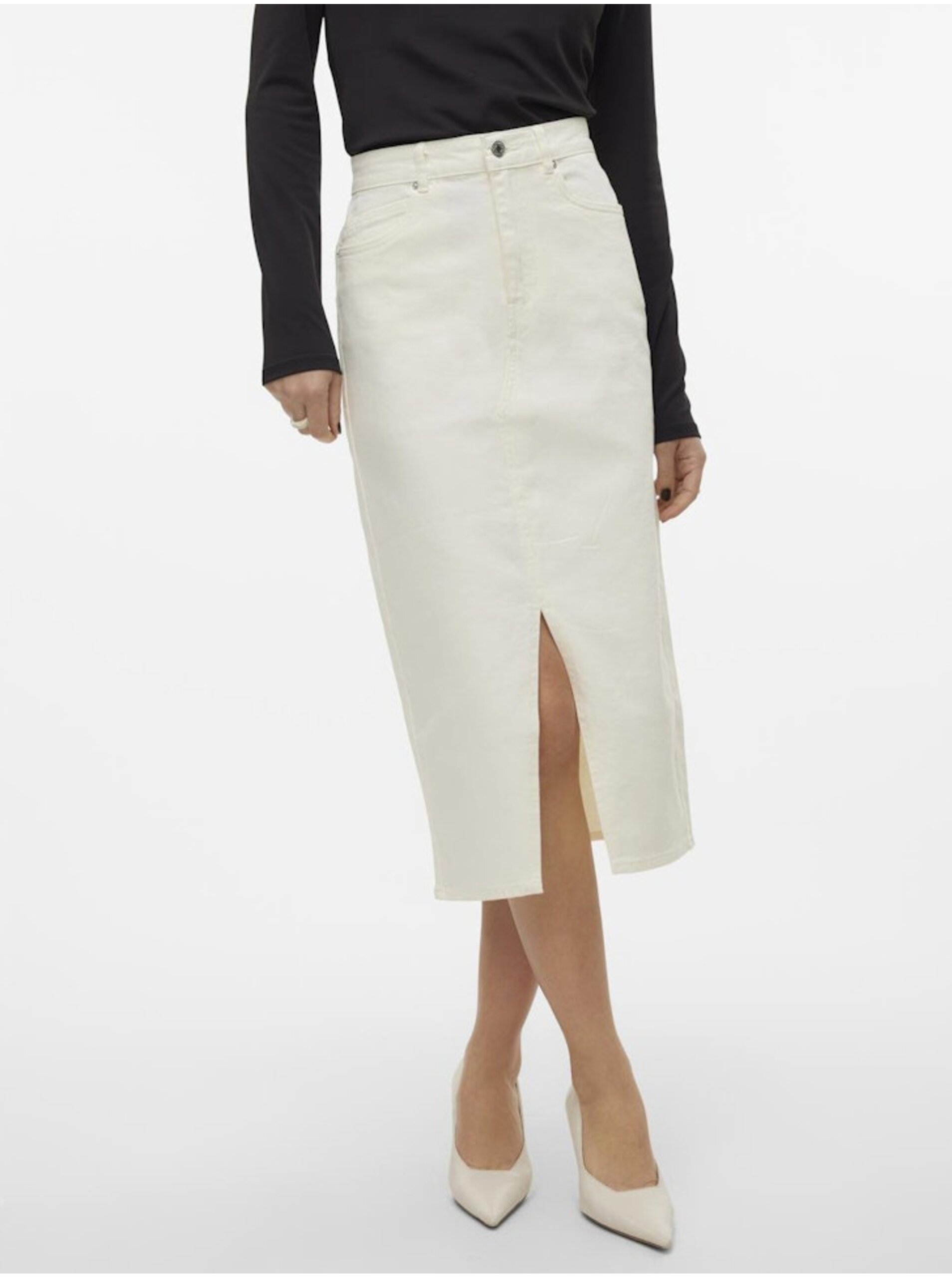 E-shop Krémová dámska džínsová midi sukňa Vero Moda Veri