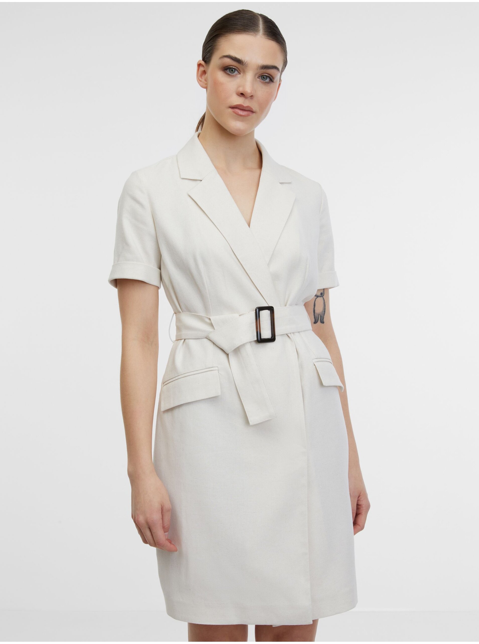 E-shop Béžové dámské košilové šaty s příměsí lnu ORSAY