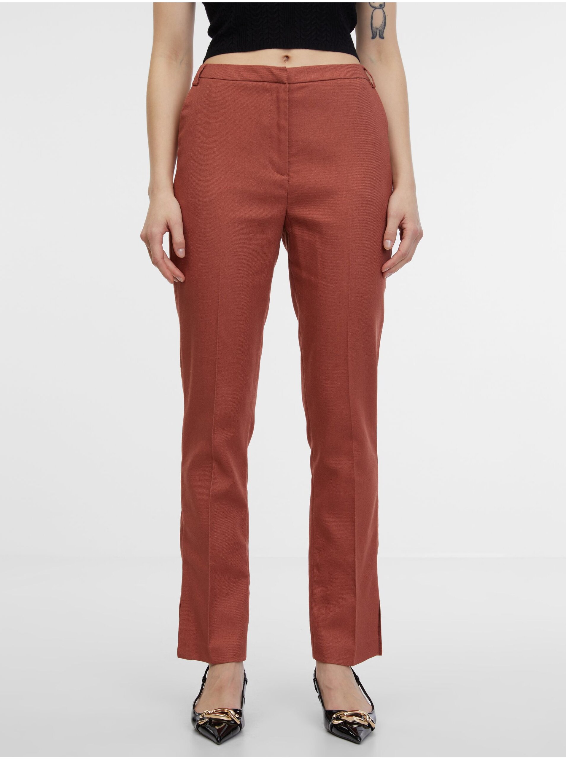 E-shop Hnědé dámské kalhoty s příměsí lnu ORSAY