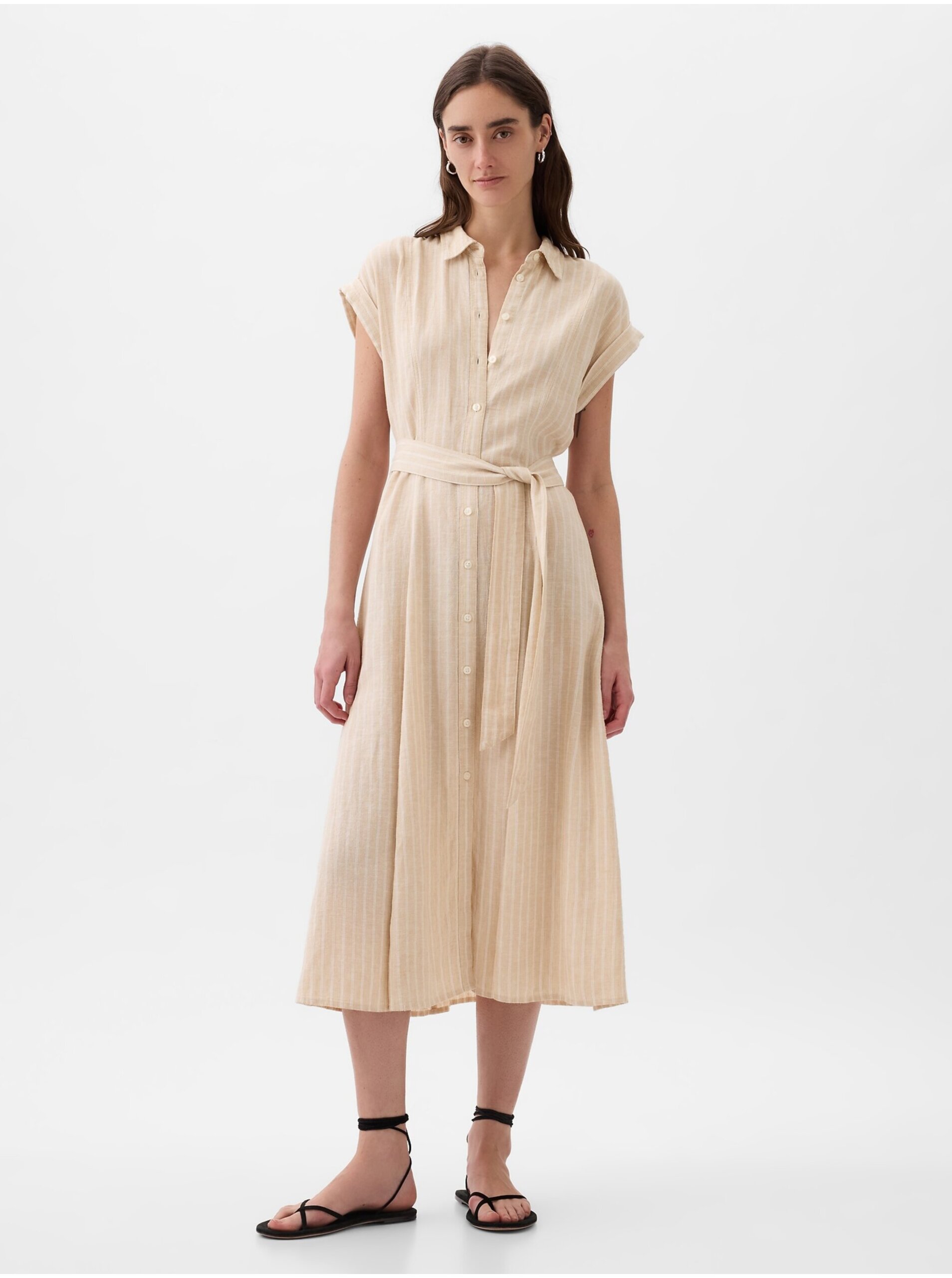 E-shop Světle hnědé dámské košilové midi šaty s příměsí lnu GAP