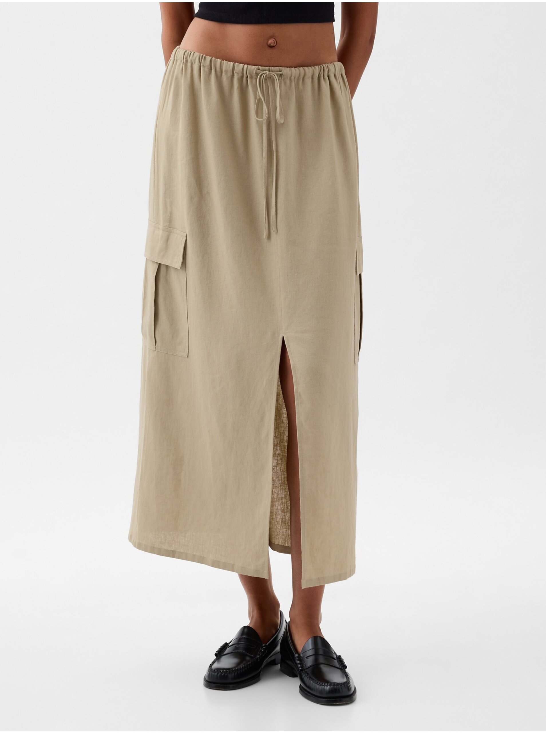 E-shop Béžová dámská lněná maxi sukně GAP