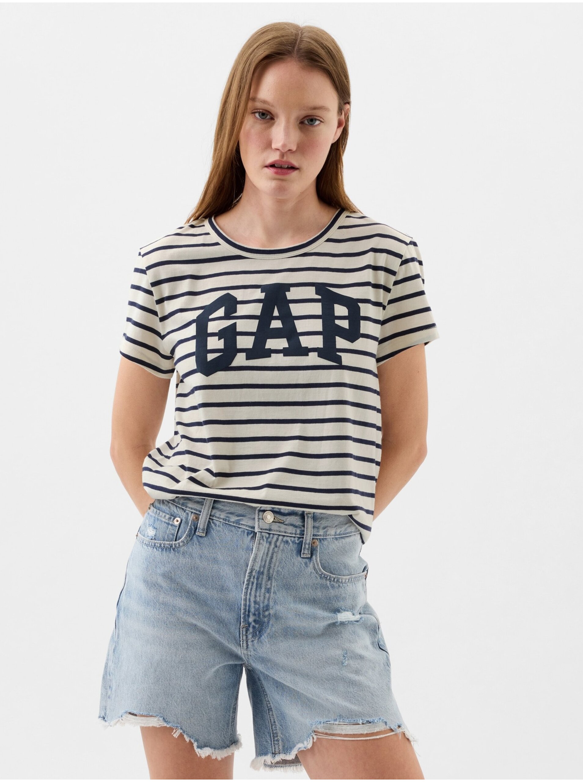 E-shop Modro-krémové dámské pruhované tričko GAP