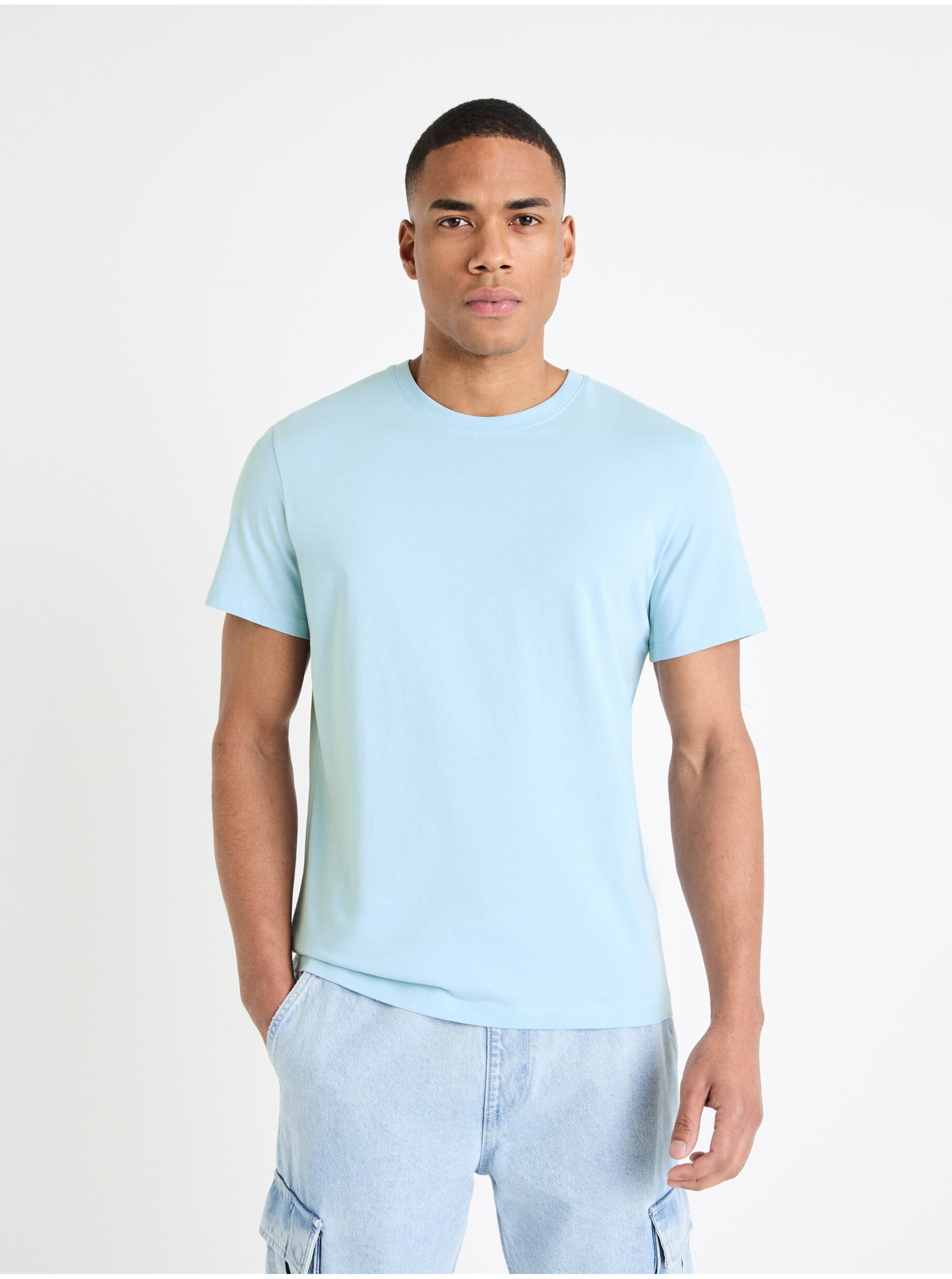 Levně Světle modré pánské basic tričko Celio Tebase