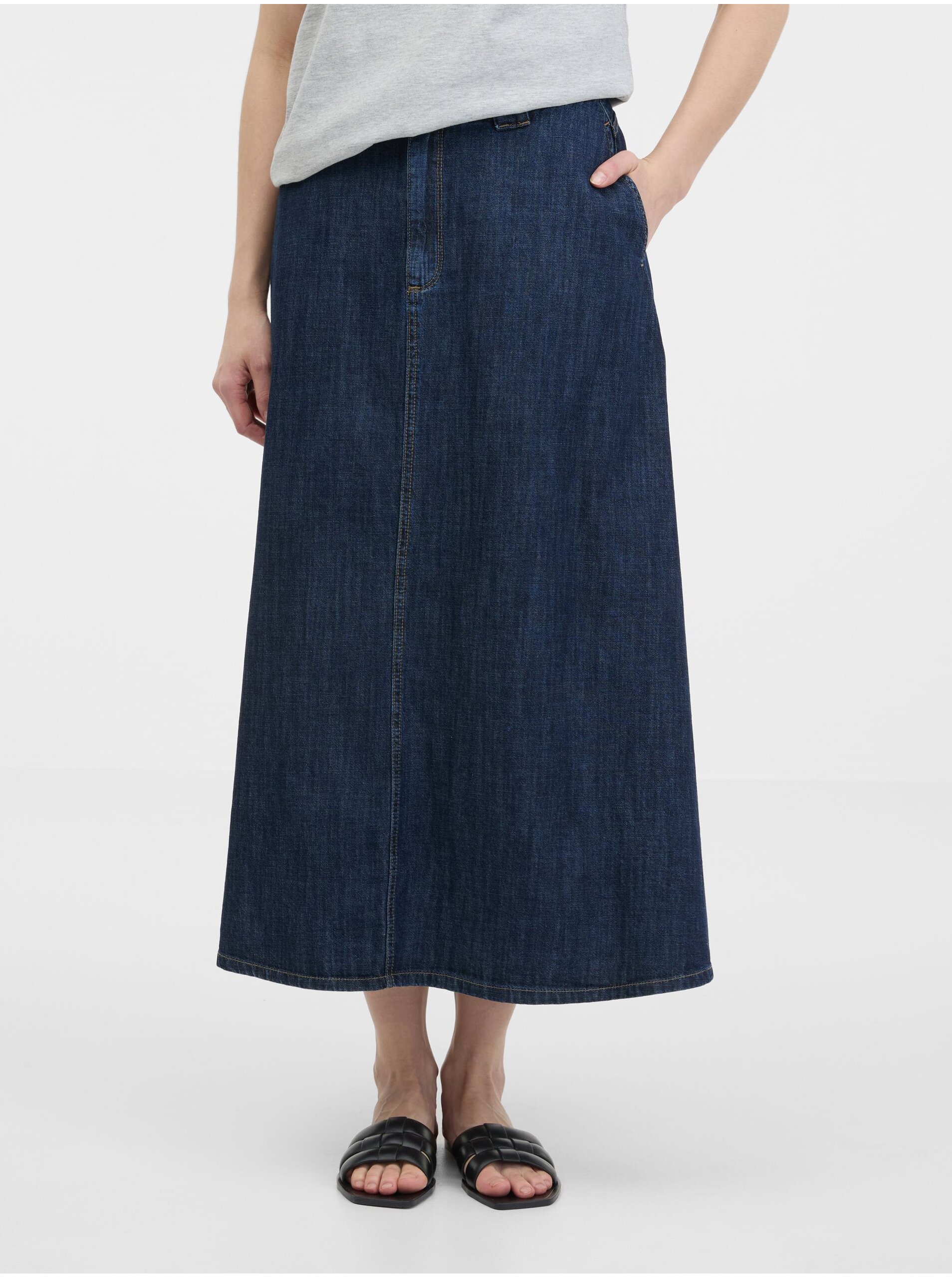E-shop Tmavě modrá dámská džínová maxi sukně ORSAY