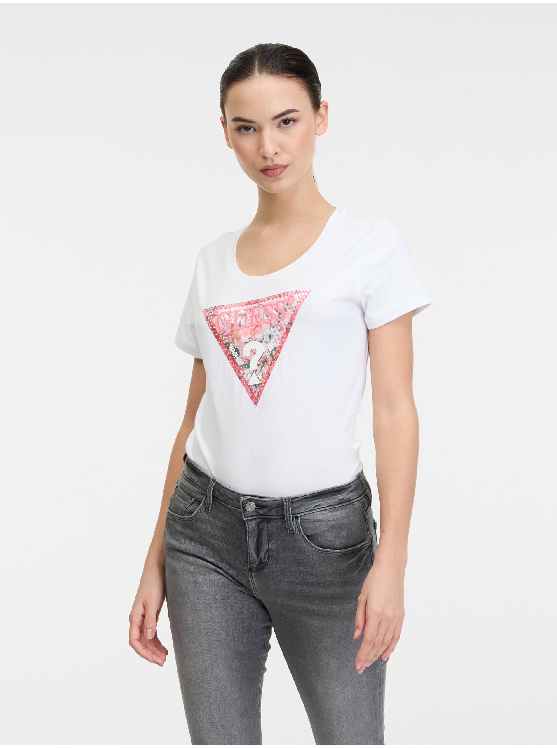 E-shop Bílé dámské tričko Guess Satin
