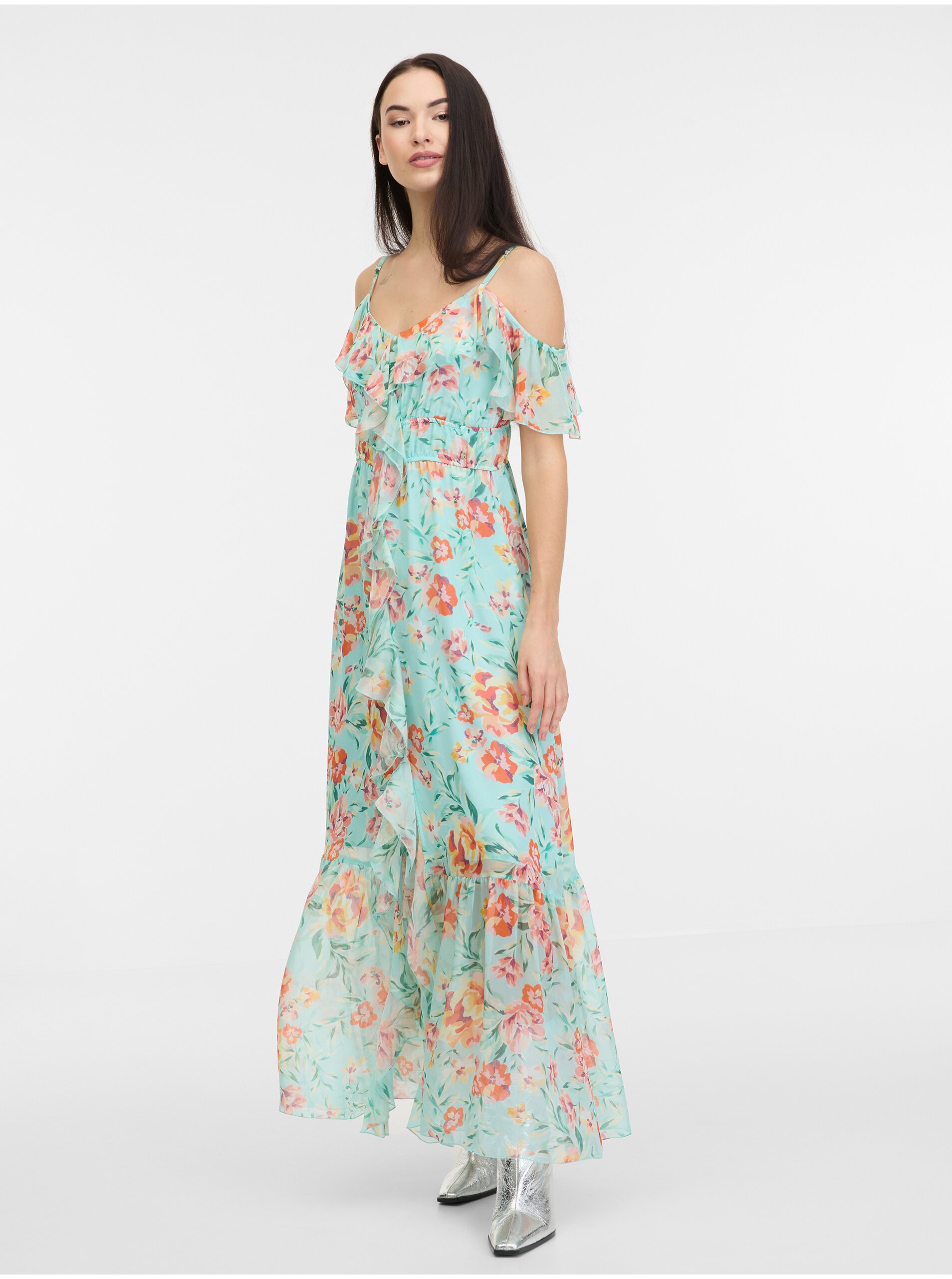 Lacno Svetlomodré dámske kvetované šaty Guess Elide