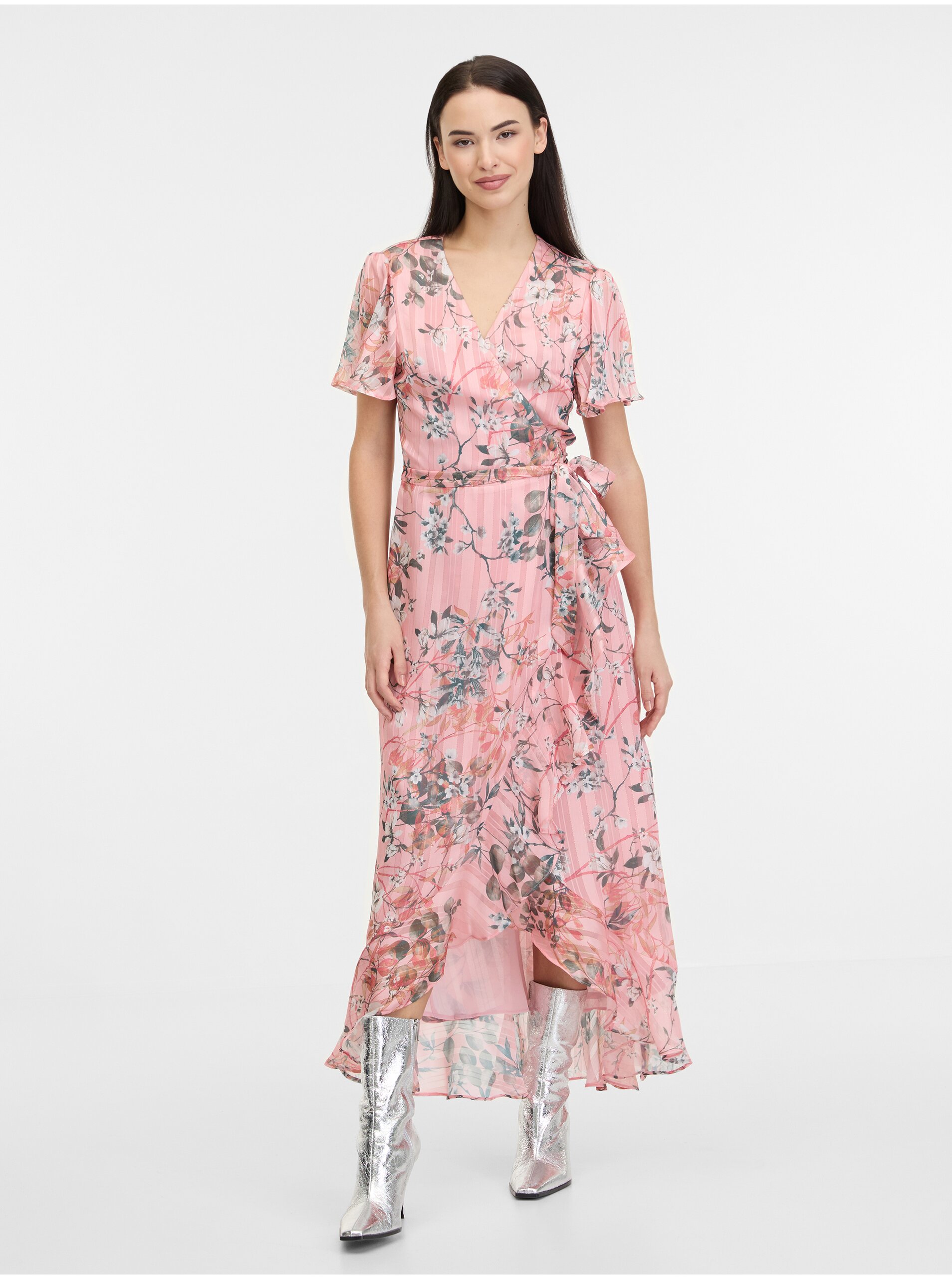 Levně Růžové dámské květované zavinovací šaty Guess New Juna
