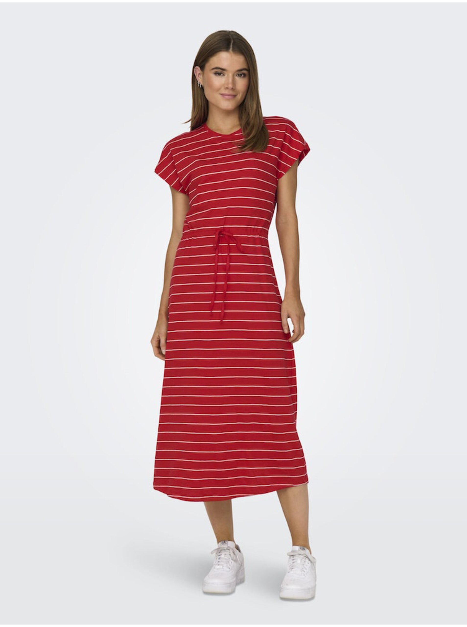 E-shop Červené dámske pruhované basic midi šaty ONLY May
