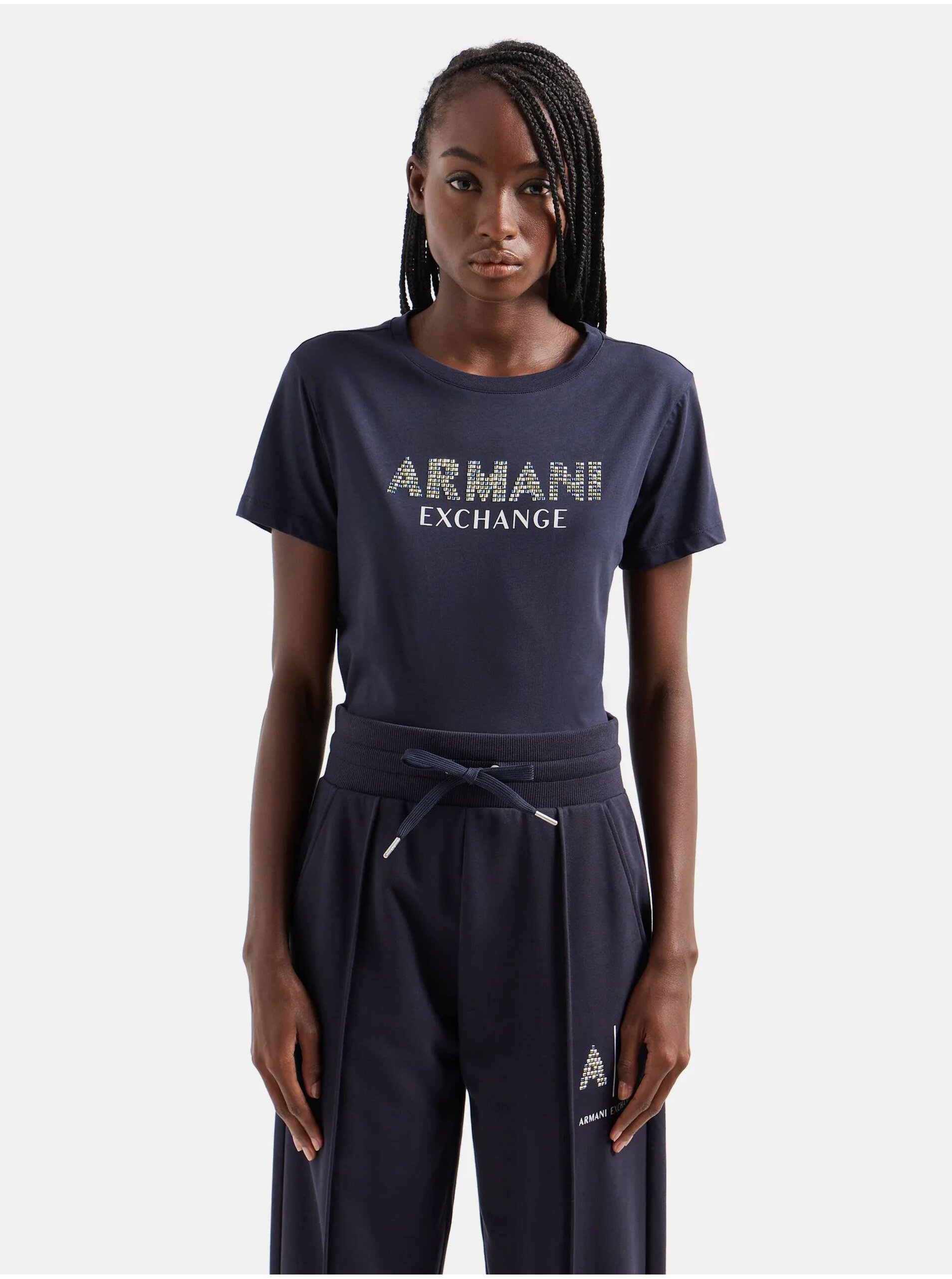 Levně Tmavě modré dámské tričko Armani Exchange