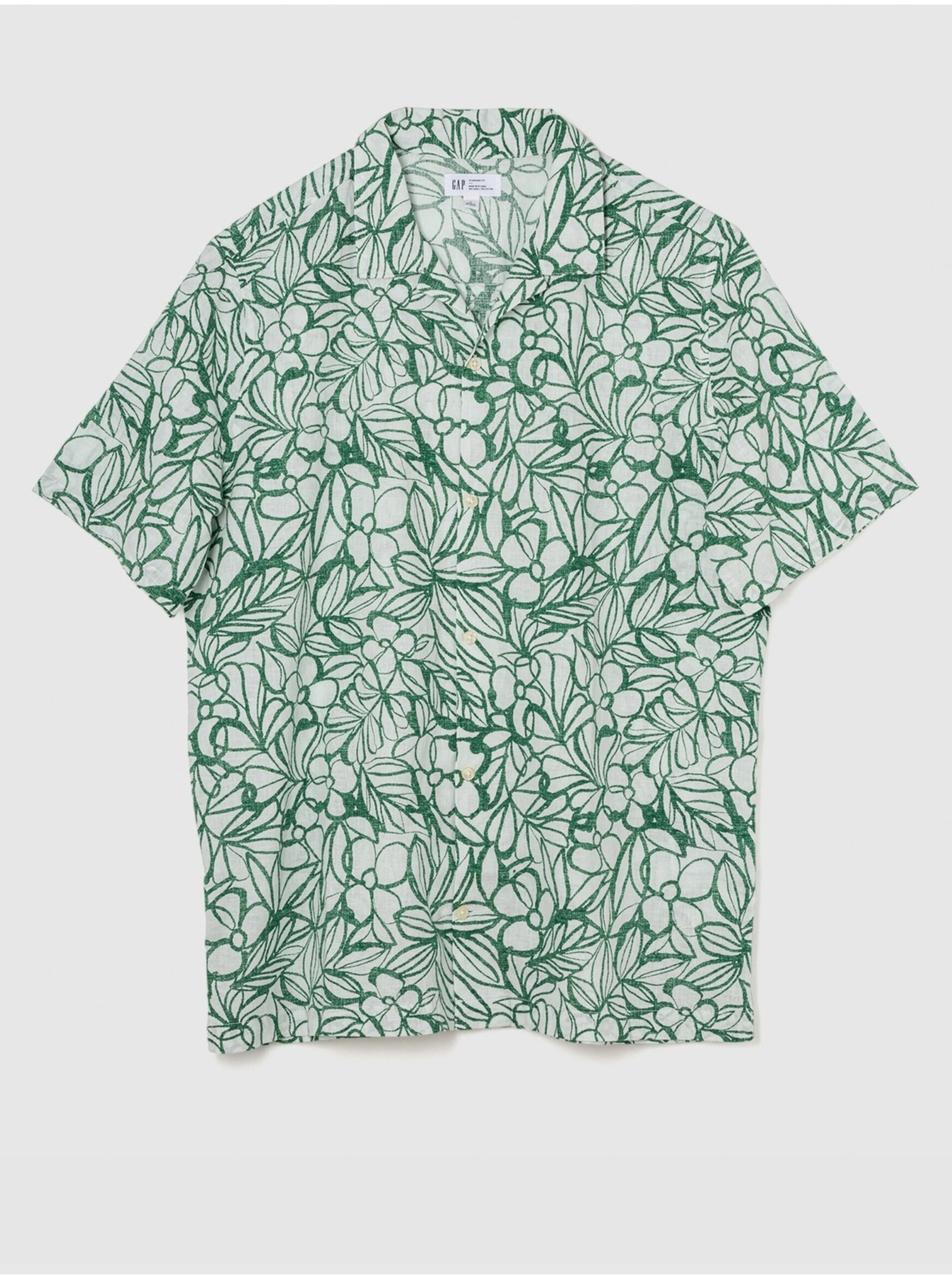 Levně Krémovo-zelená pánská květovaná košile s příměsí lnu GAP