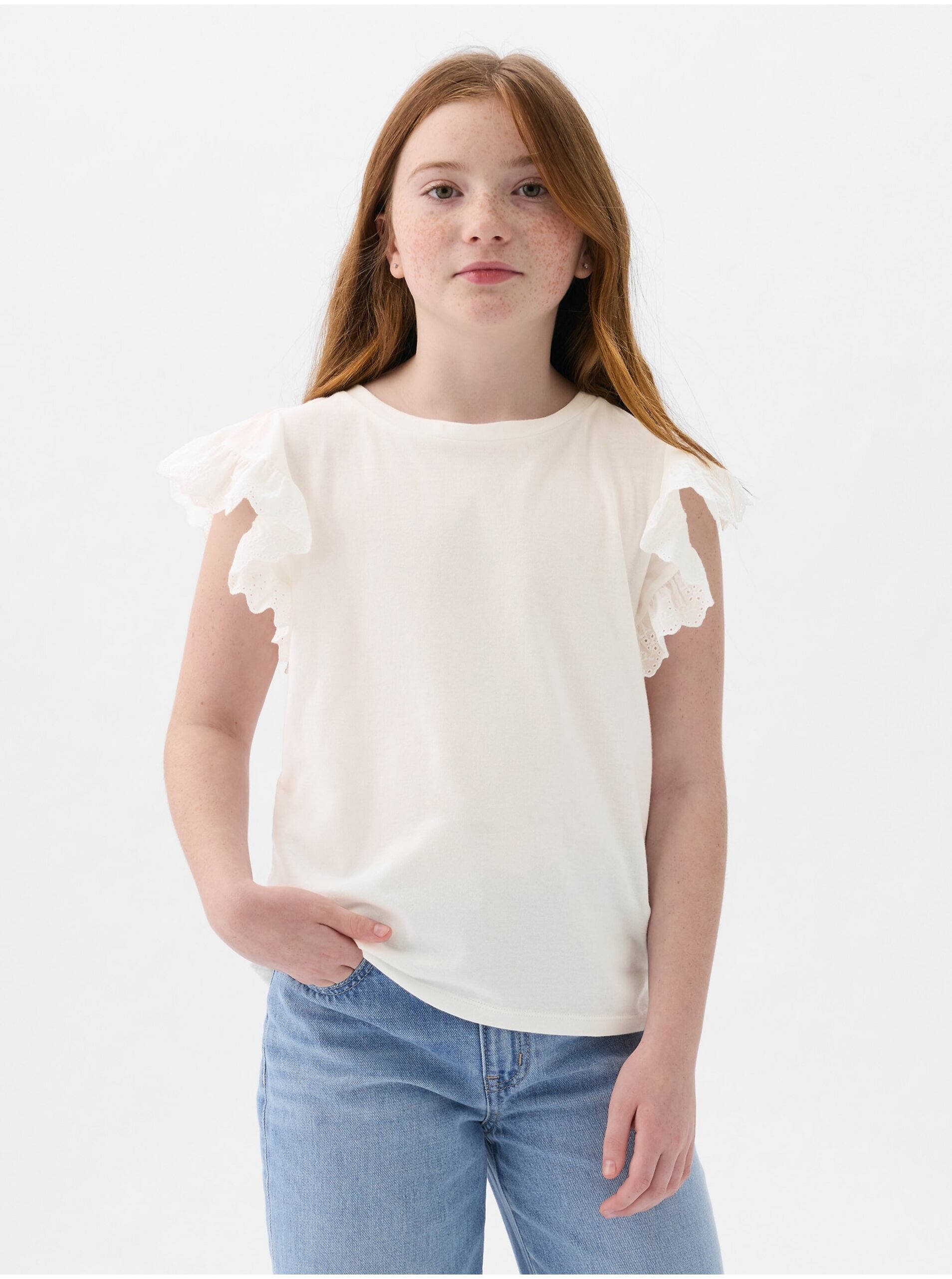 Lacno Biele dievčenské tričko s volánmi GAP