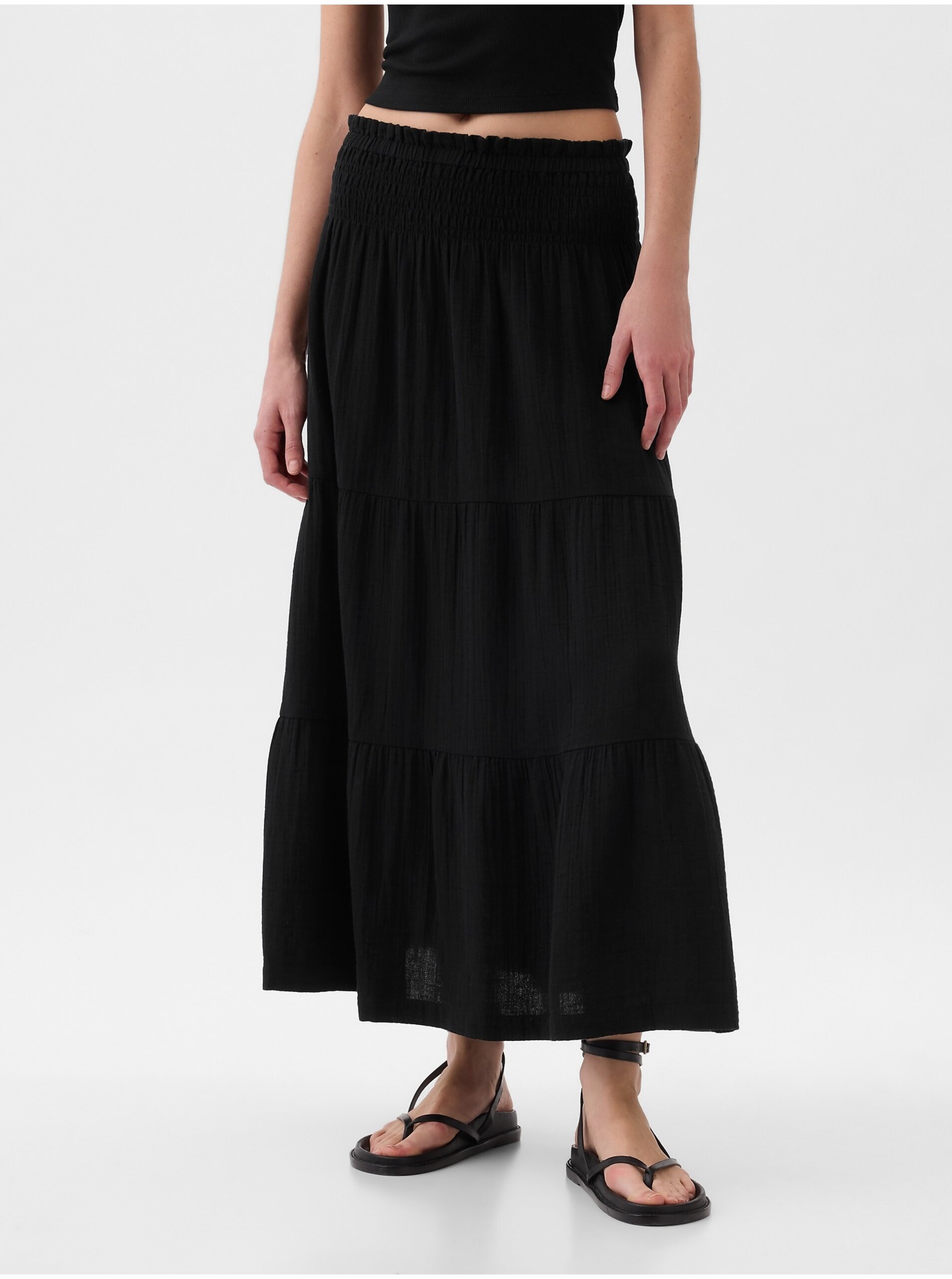 Lacno Čierna dámska mušelínová maxi sukňa s volánom GAP