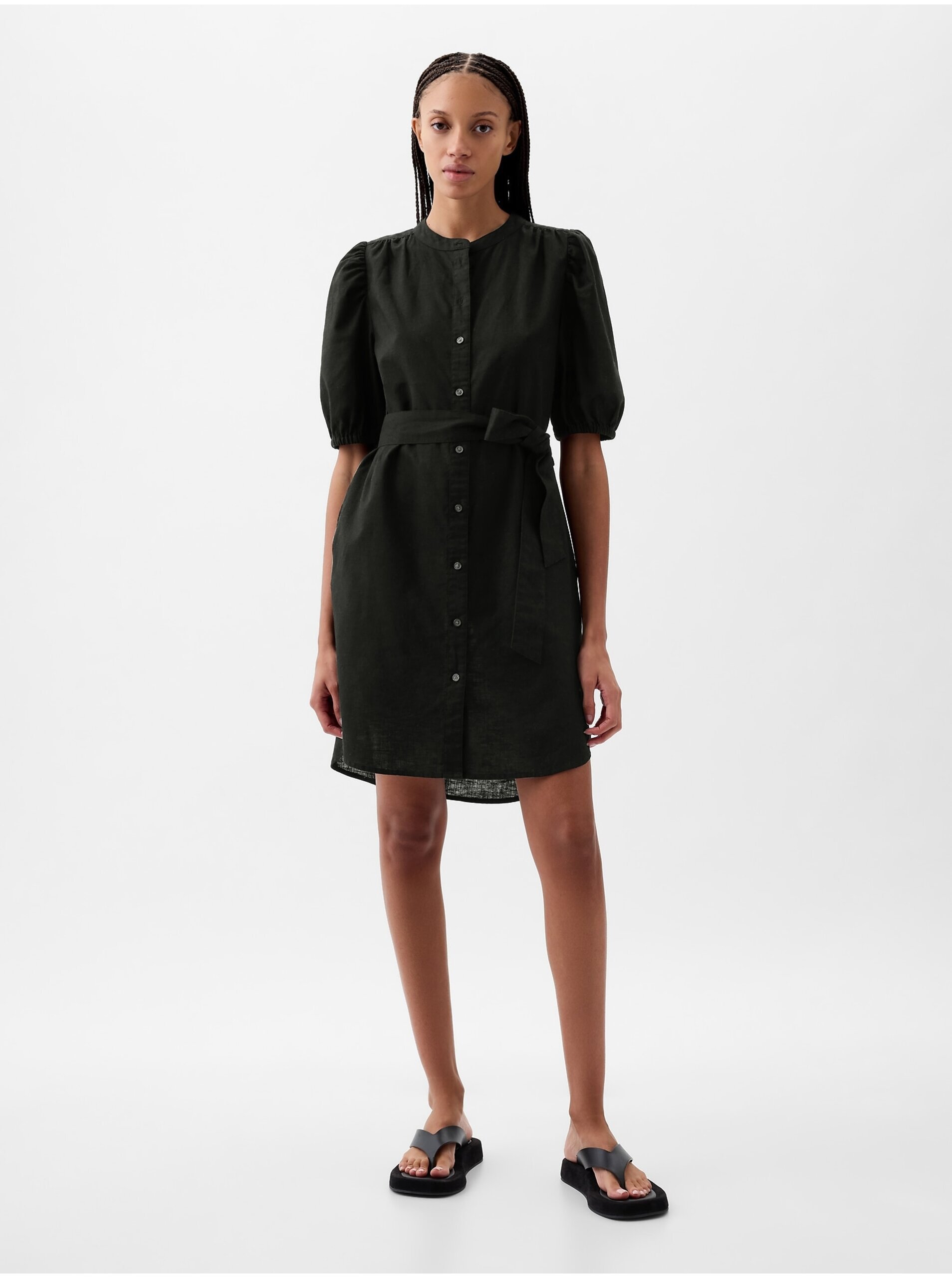 E-shop Černé dámské košilové mini šaty s příměsí lnu GAP