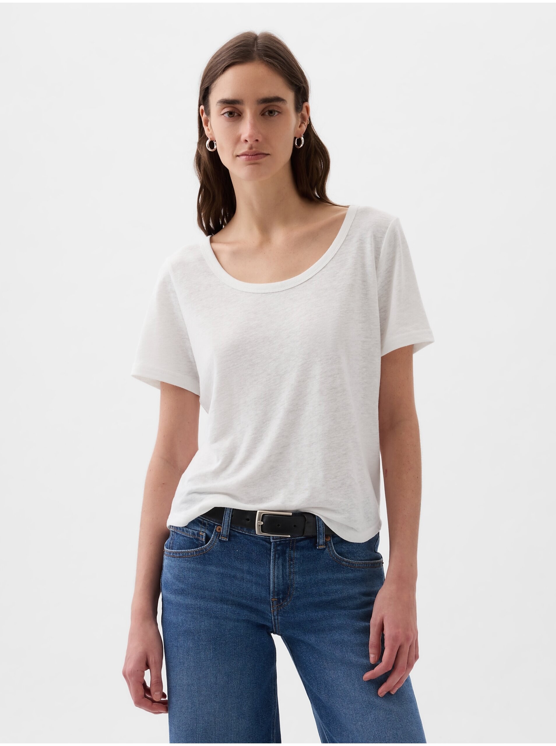 Levně Bílé dámské basic tričko s příměsí lnu GAP