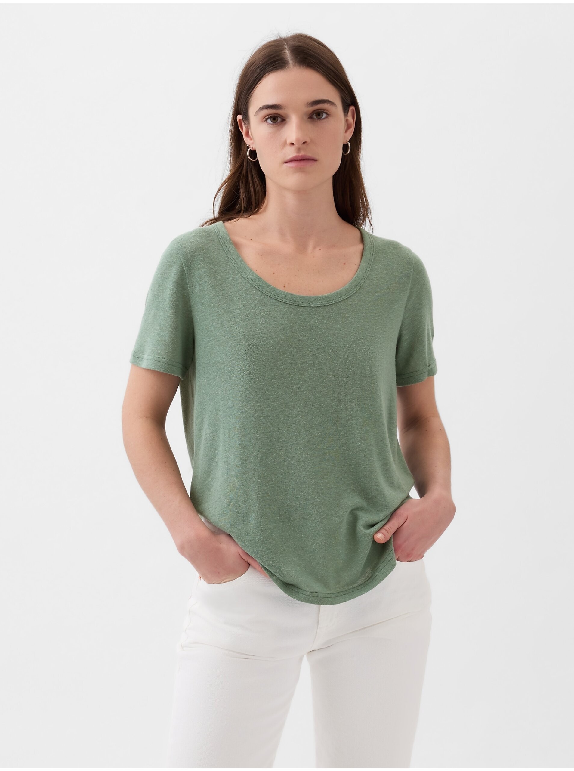 Levně Zelené dámské basic tričko s příměsí lnu GAP