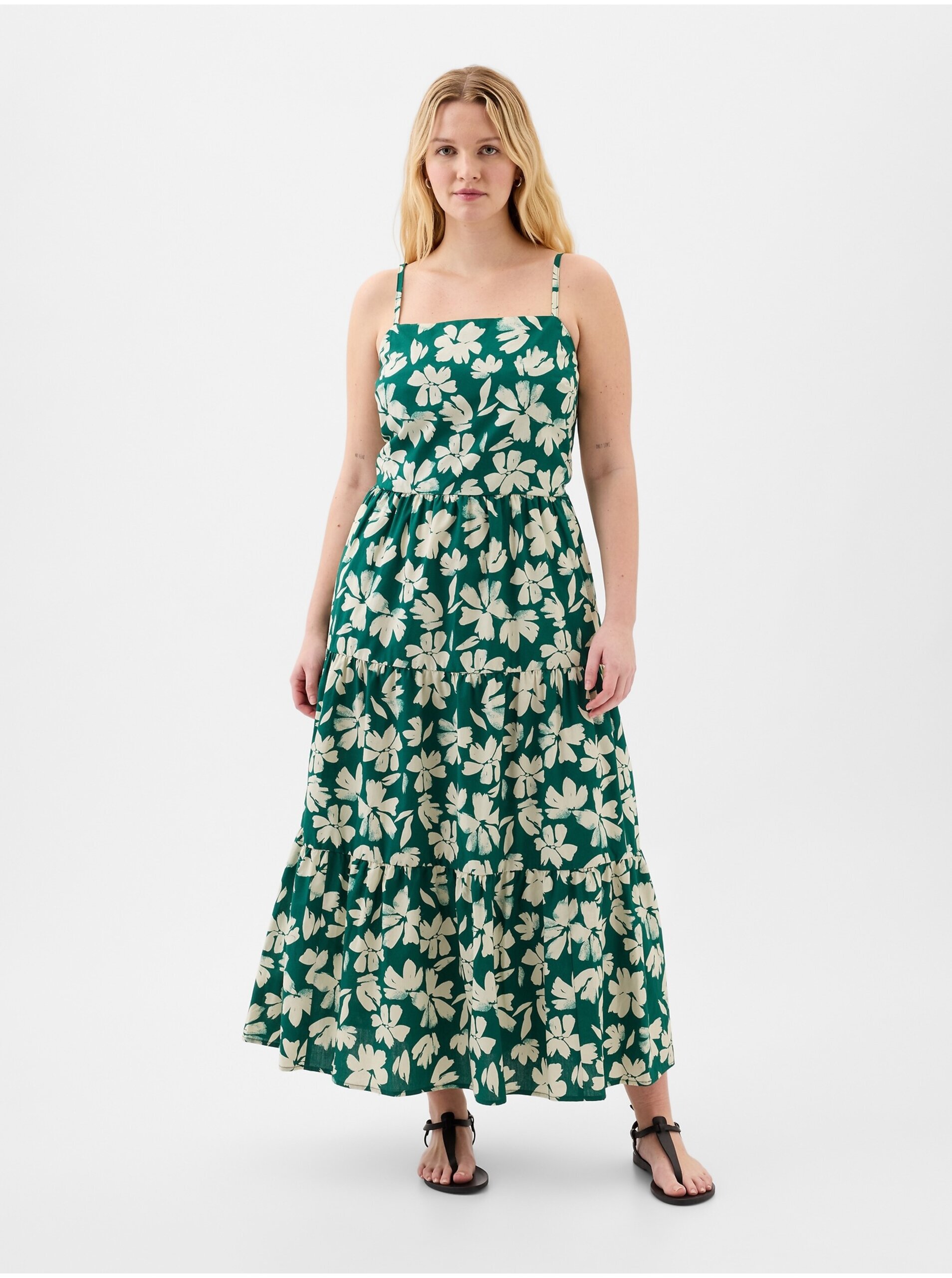 E-shop Krémovo-zelené dámské květované maxi šaty GAP