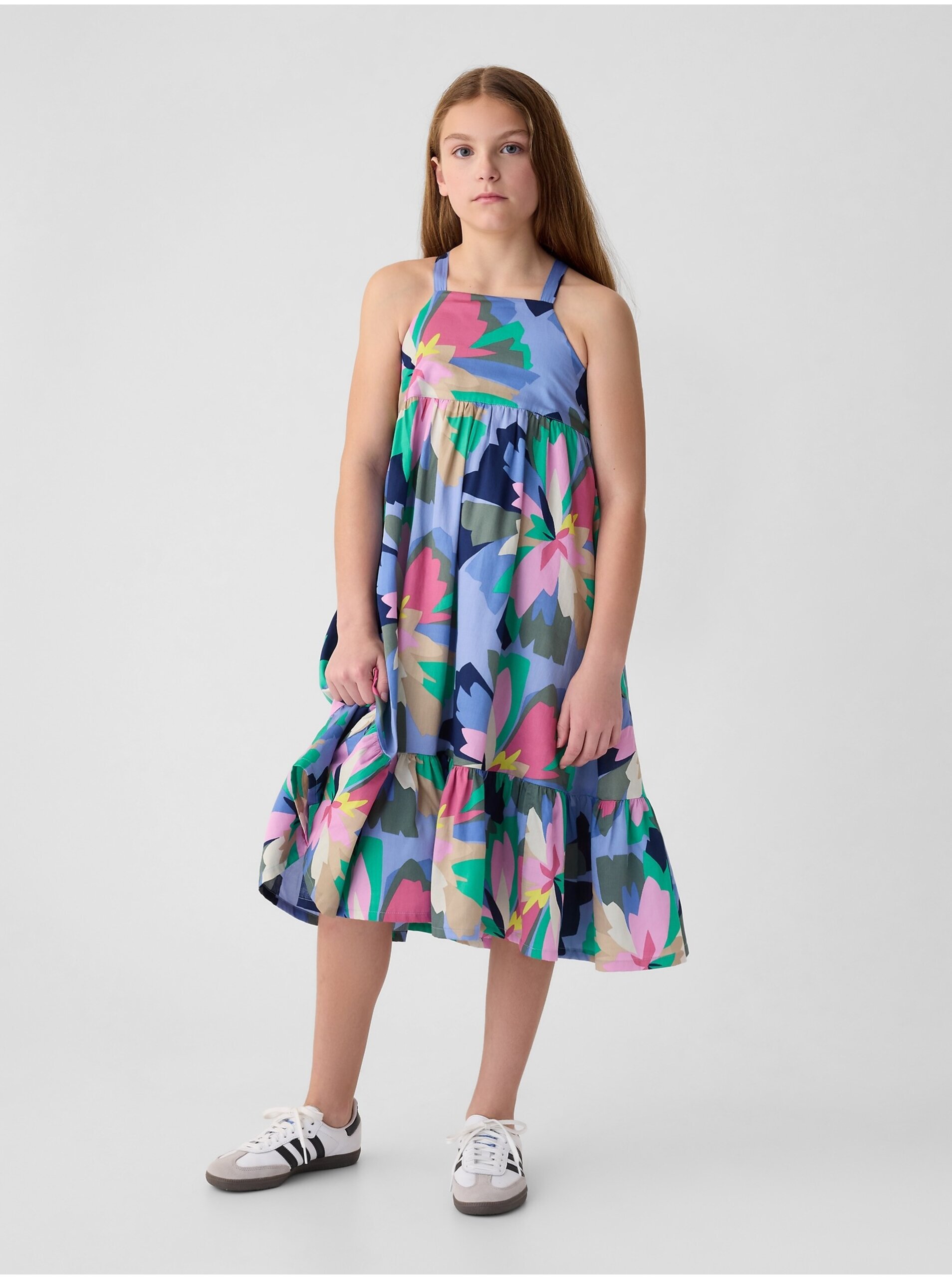 E-shop Růžovo-modré holčičí květované midi šaty na ramínka GAP