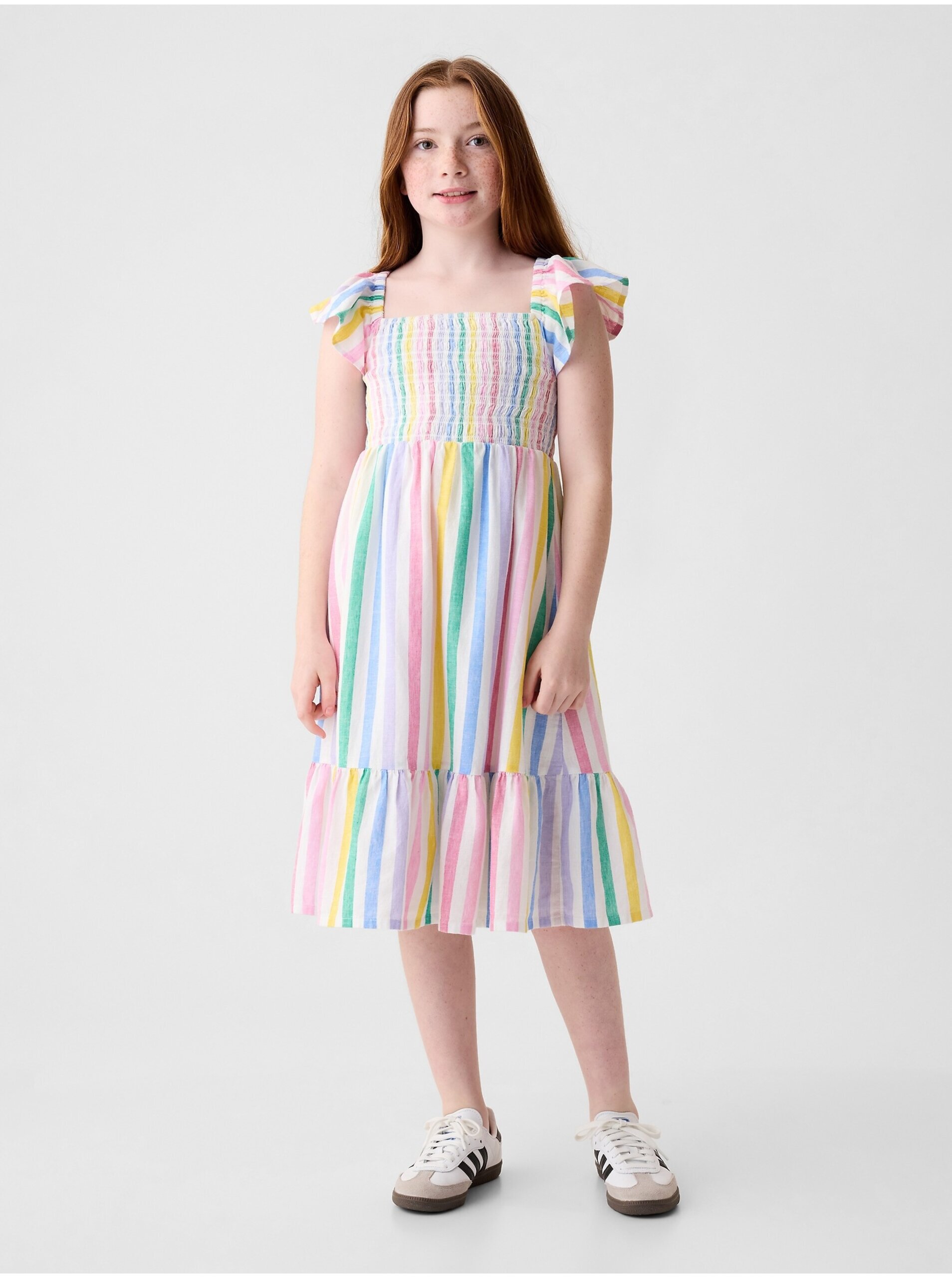 E-shop Růžovo-bílé holčičí pruhované midi šaty s volánky GAP