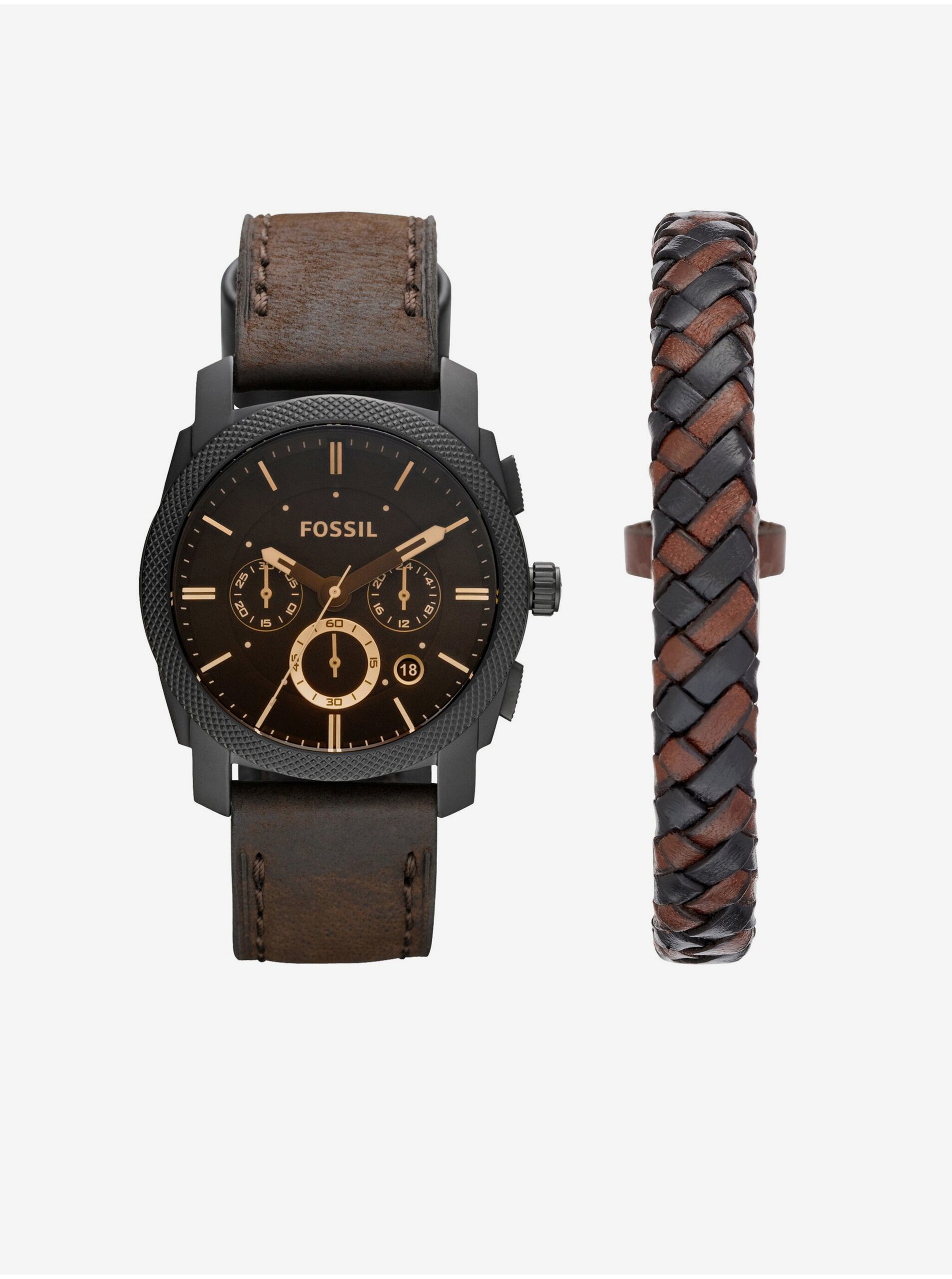E-shop Fossil pánská sada hodinek Machine a koženého náramku Fossil