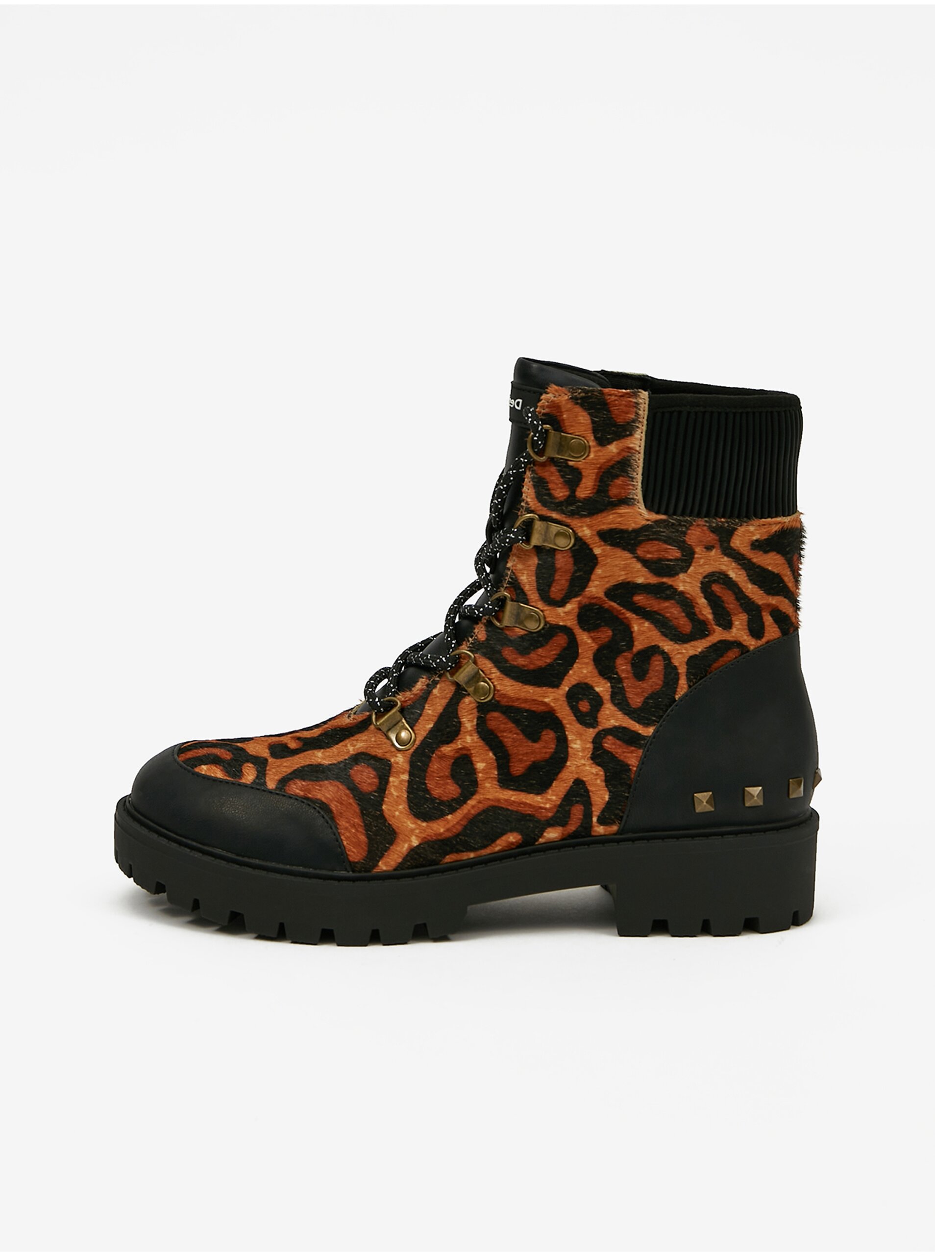 Levně Hnědé dámské kožené kotníkové boty s leopardím vzorem Desigual Biker Leopard