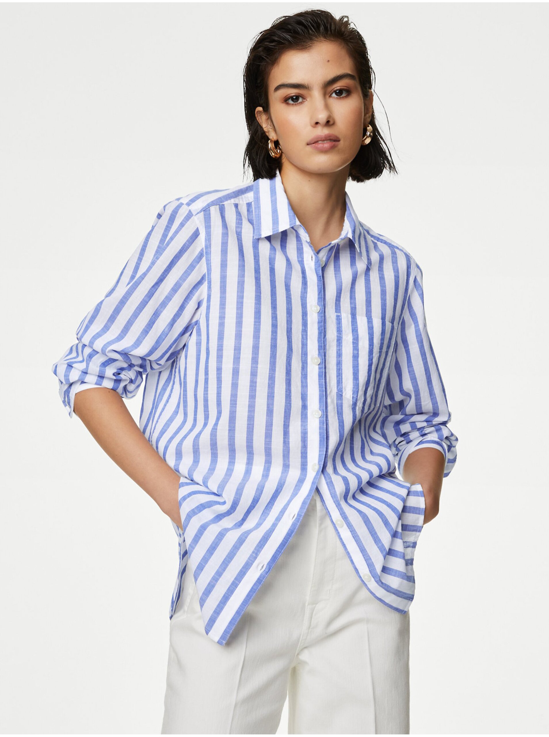 Lacno Modro-biela dámska pruhovaná košeľa Marks & Spencer