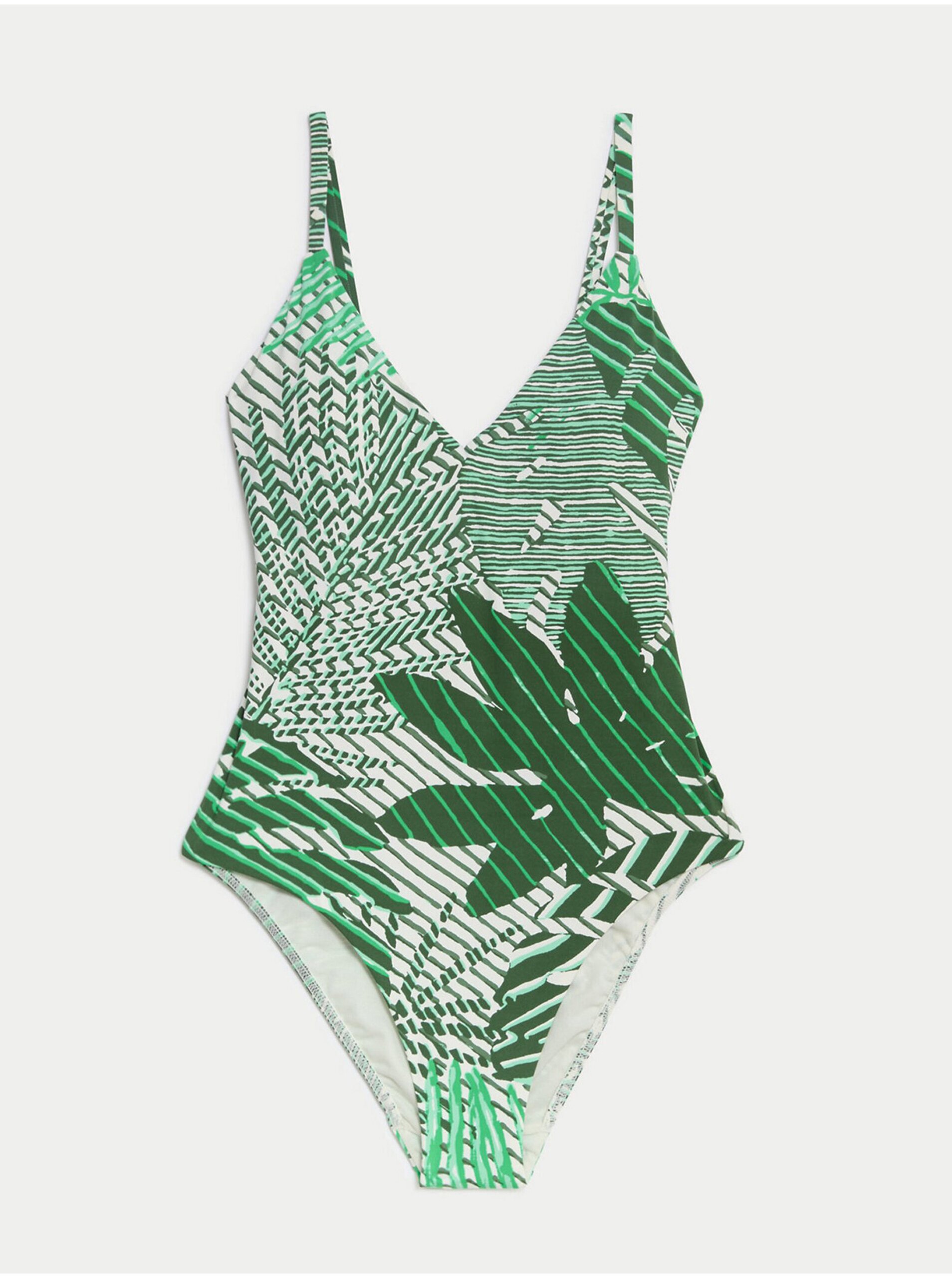 Levně Zelené dámské vzorované plavky formující bříško Marks & Spencer