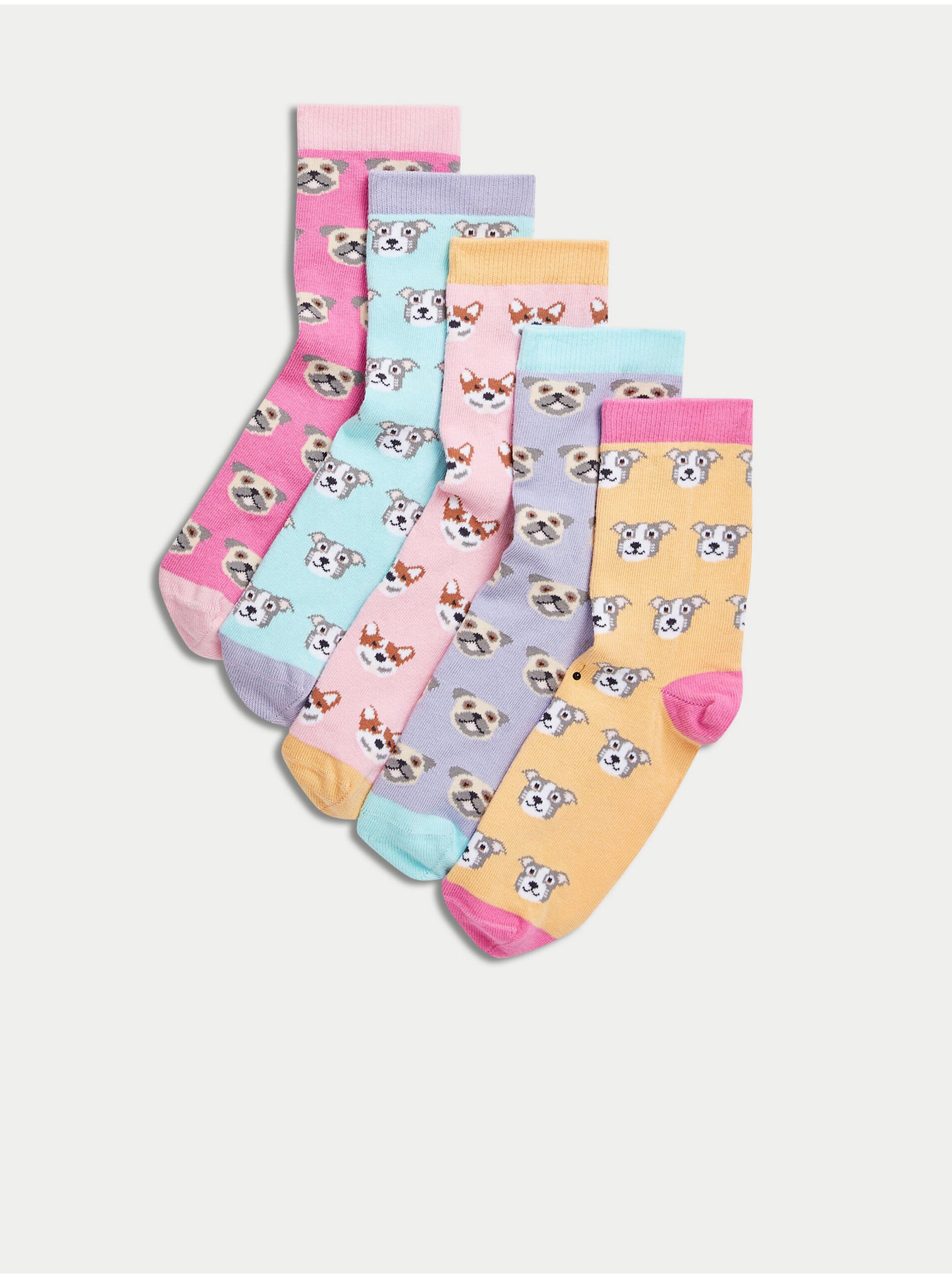 Lacno Súprava piatich párov dievčenských farebných ponožiek s motívom psa Marks & Spencer
