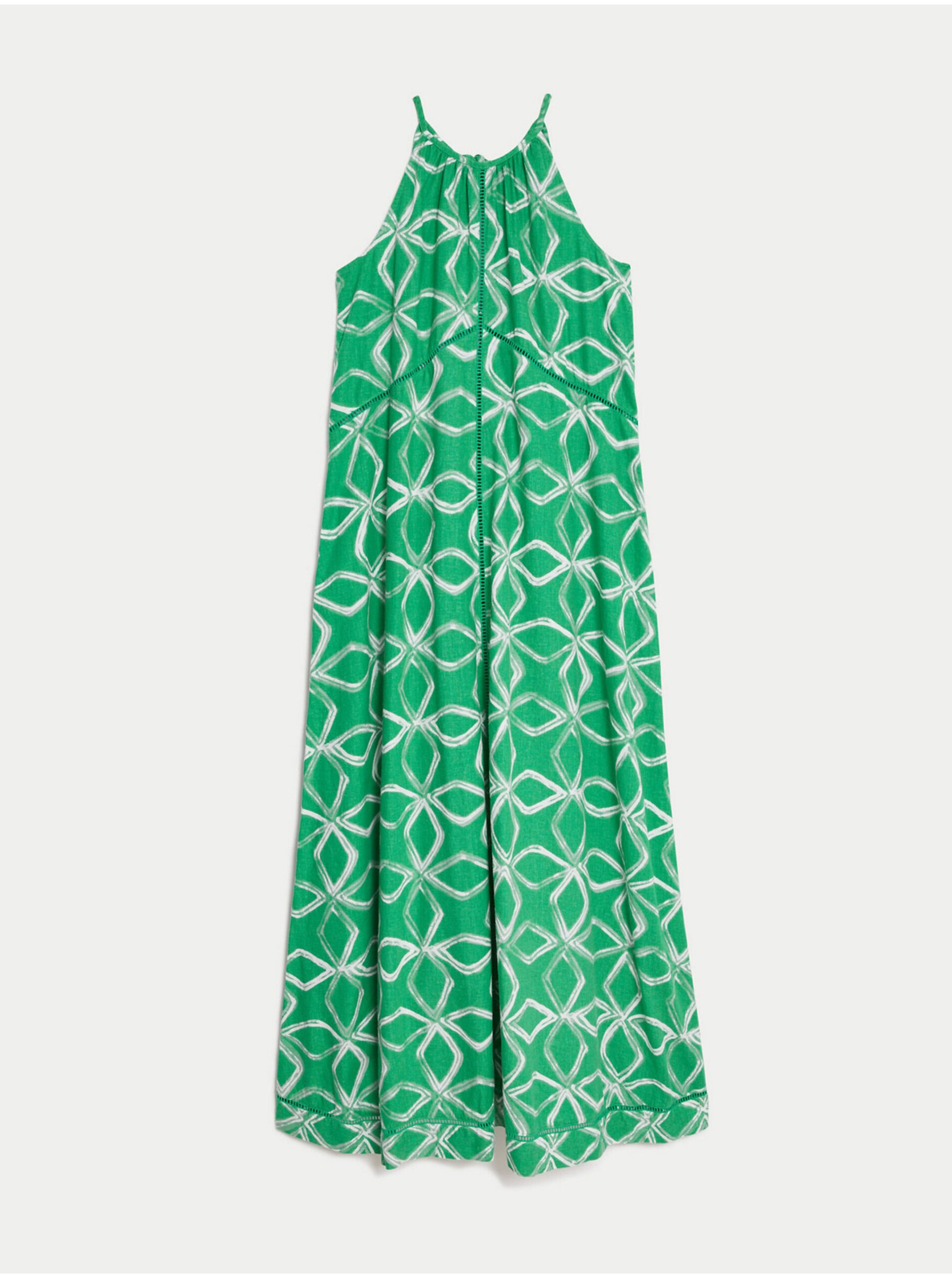 Levně Bílo-zelené dámské vzorované maxi šaty s příměsí lnu Marks & Spencer