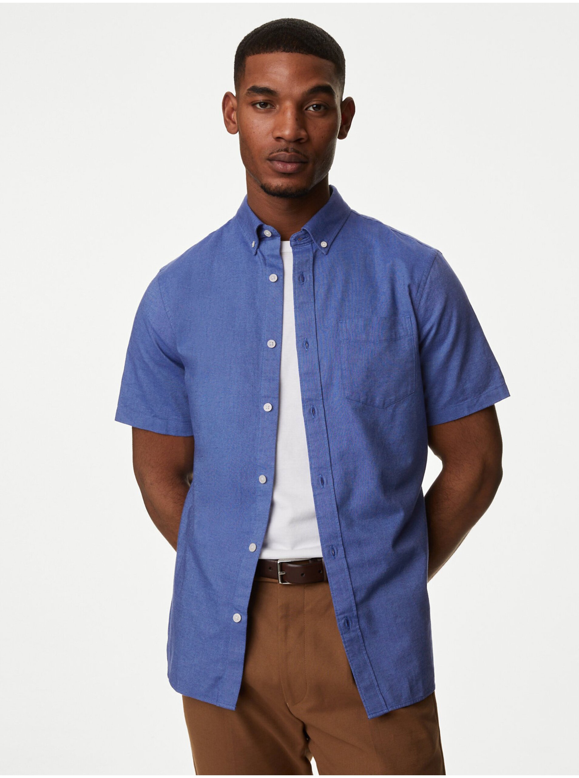 Levně Modrá pánská košile s krátkým rukávem Marks & Spencer