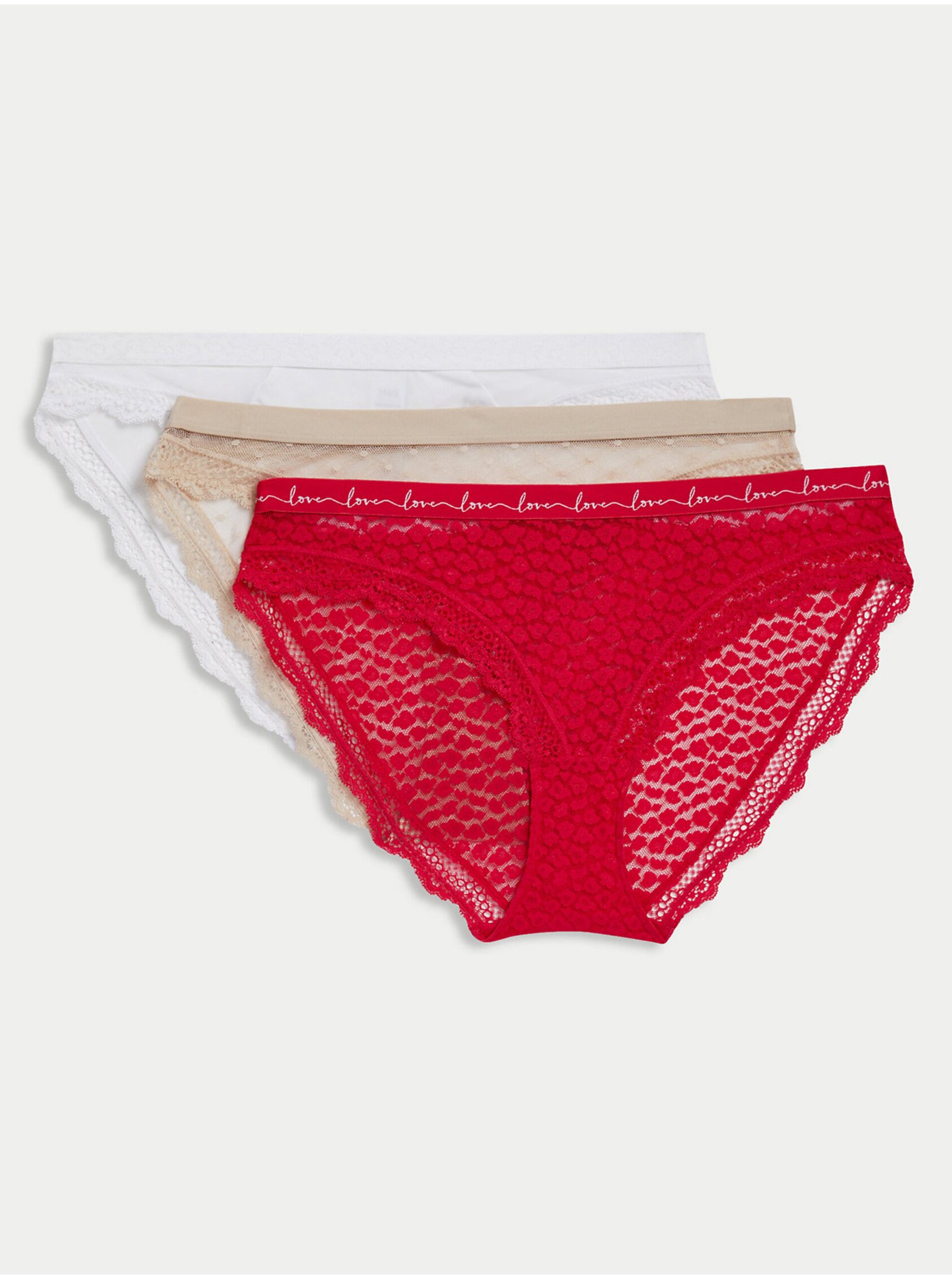 Lacno Sada troch dámskych čipkovaných nohavičiek v červenej, béžovej a bielej farbe Marks & Spencer