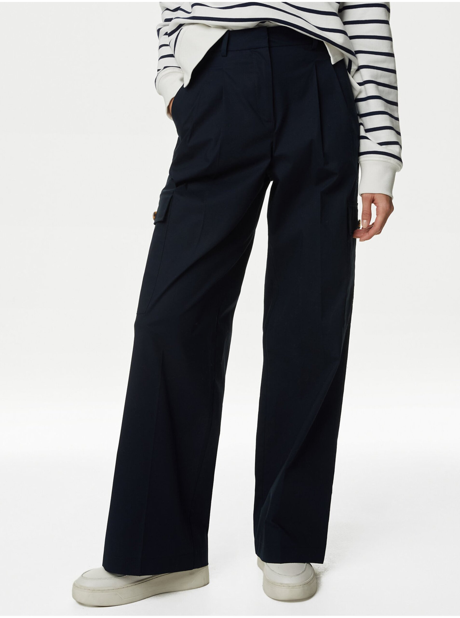 Levně Tmavě modré dámské široké kalhoty s vysokým pasem Marks & Spencer