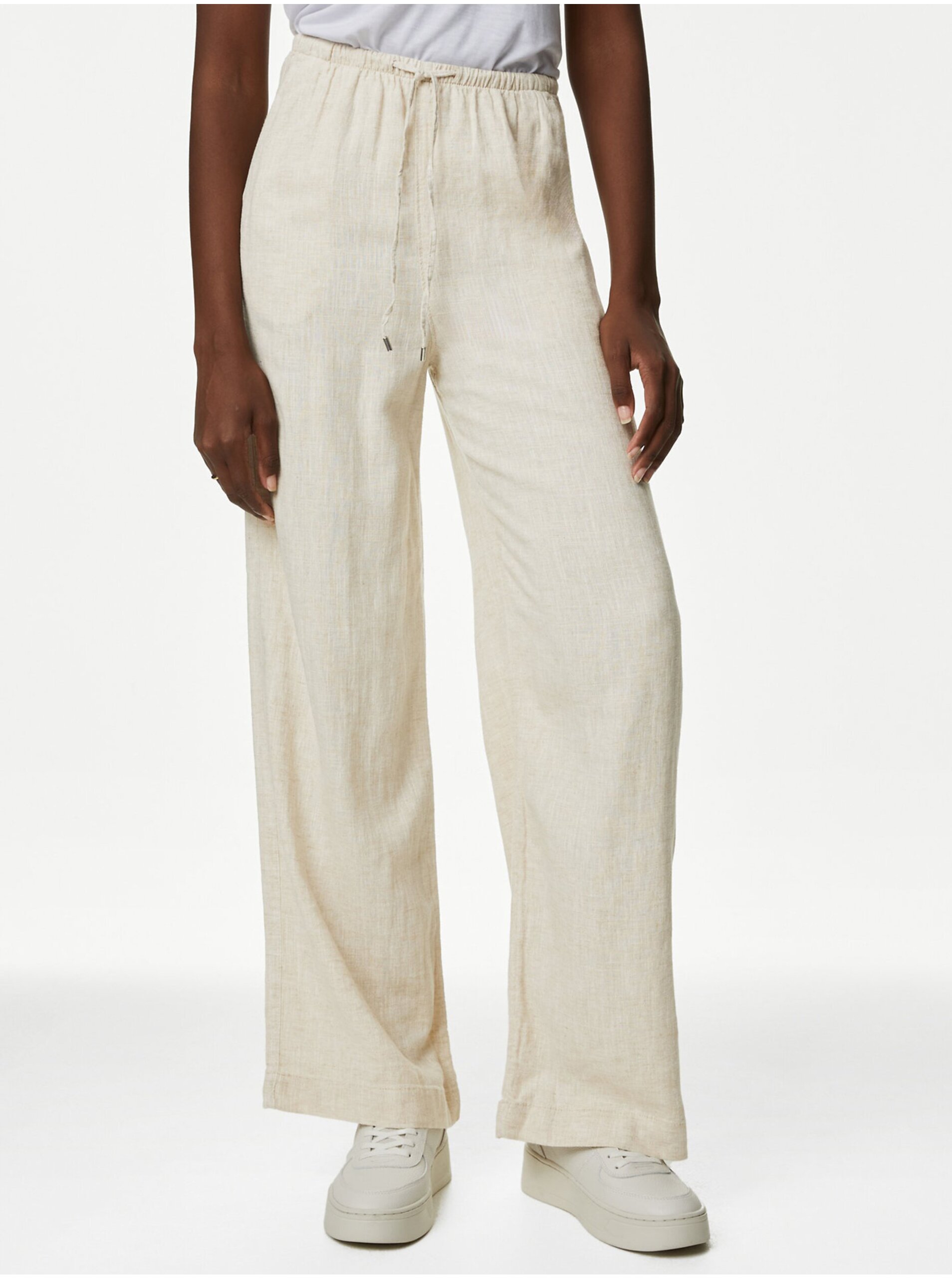 Levně Béžové dámské široké kalhoty s příměsí lnu Marks & Spencer