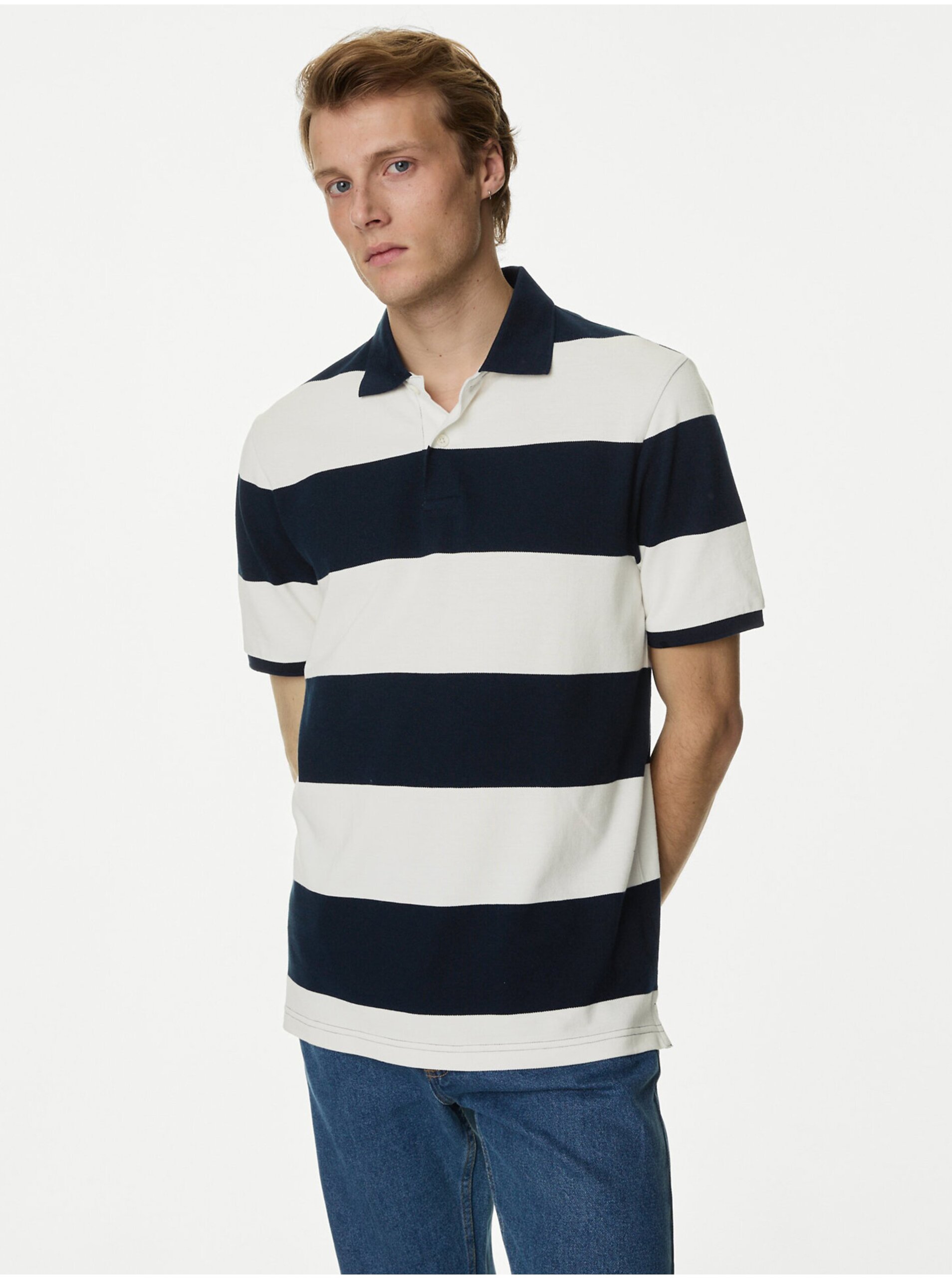 Levně Tmavě modré pánské pruhované polo tričko Marks & Spencer