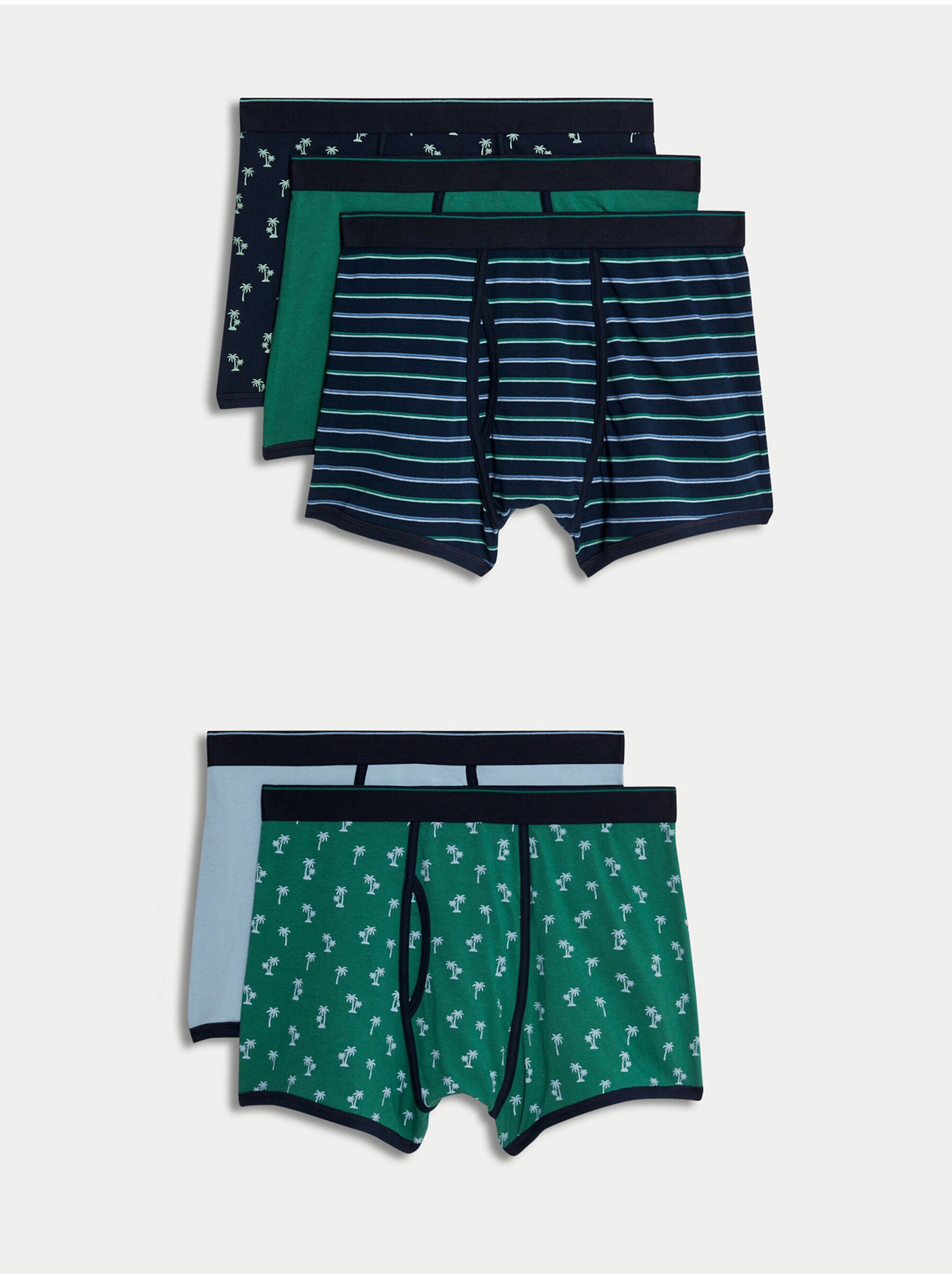 Levně Sada pěti pánských vzorovaných boxerek v modré a zelené barvě Marks & Spencer Cool & Fresh™